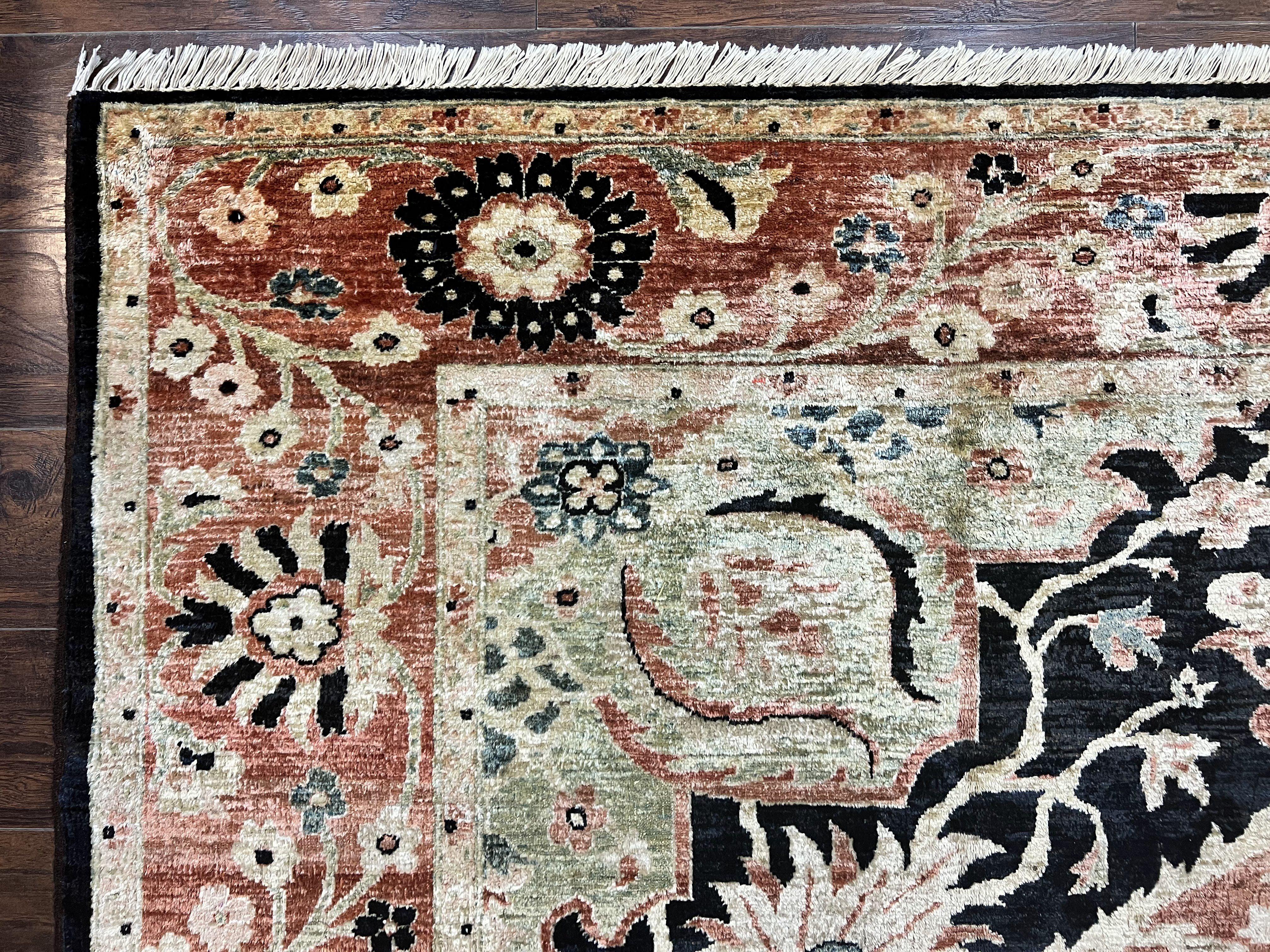 Pak Persian Rug 8x10, Pakistani Mahal Sultanabad Carpet, Signature from Master Weaver, Shiny Wool, Black Red Vintage Handmade Medallion Rug - Jewel Rugs