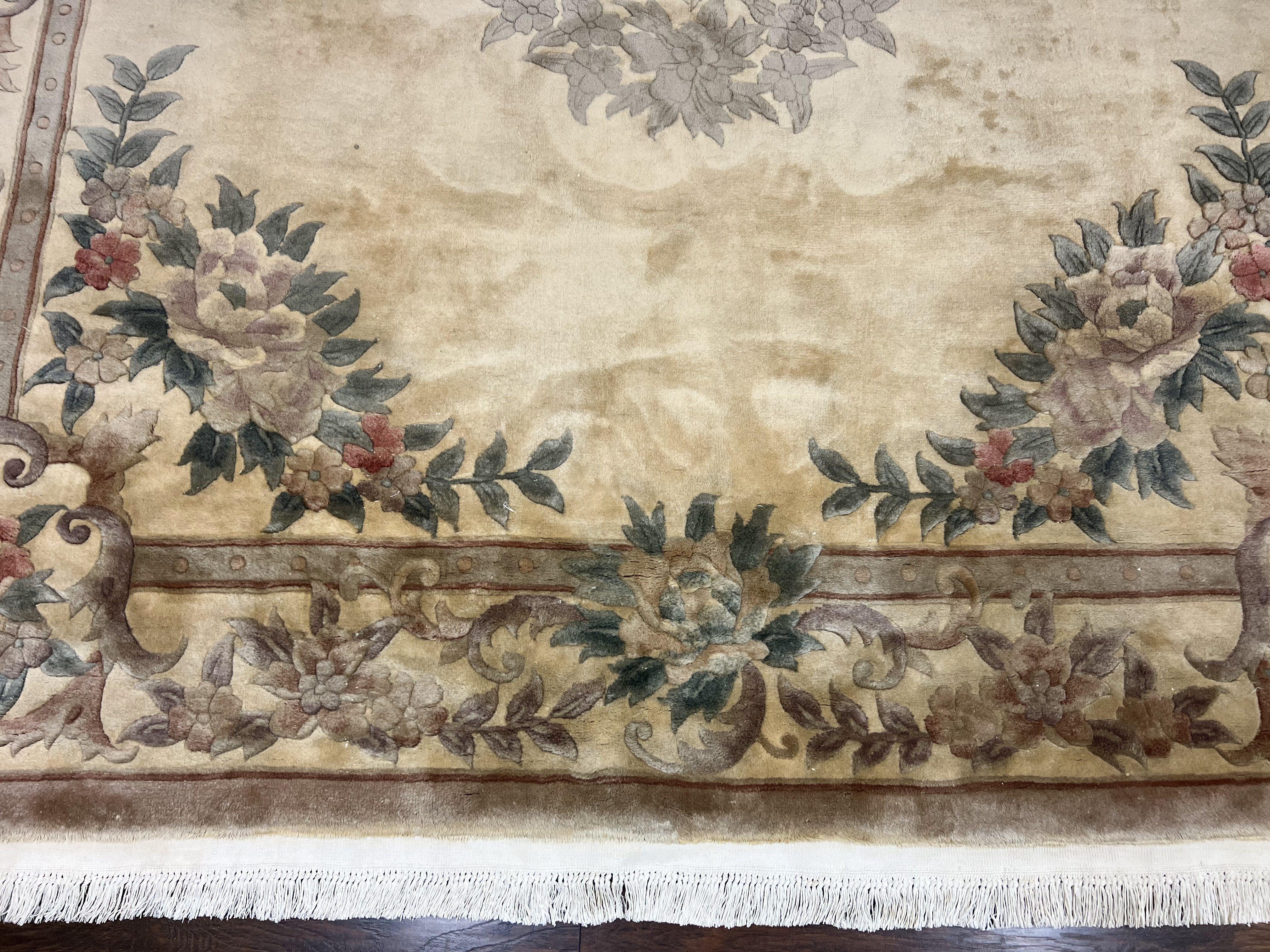 Chinese 90 Line Rug 9x12 ft, Vintage 1960s Chinese Wool Pile Aubusson Area Rug 9 x 12 ft, Tientsin Asian Oriental Rug, Floral - Jewel Rugs