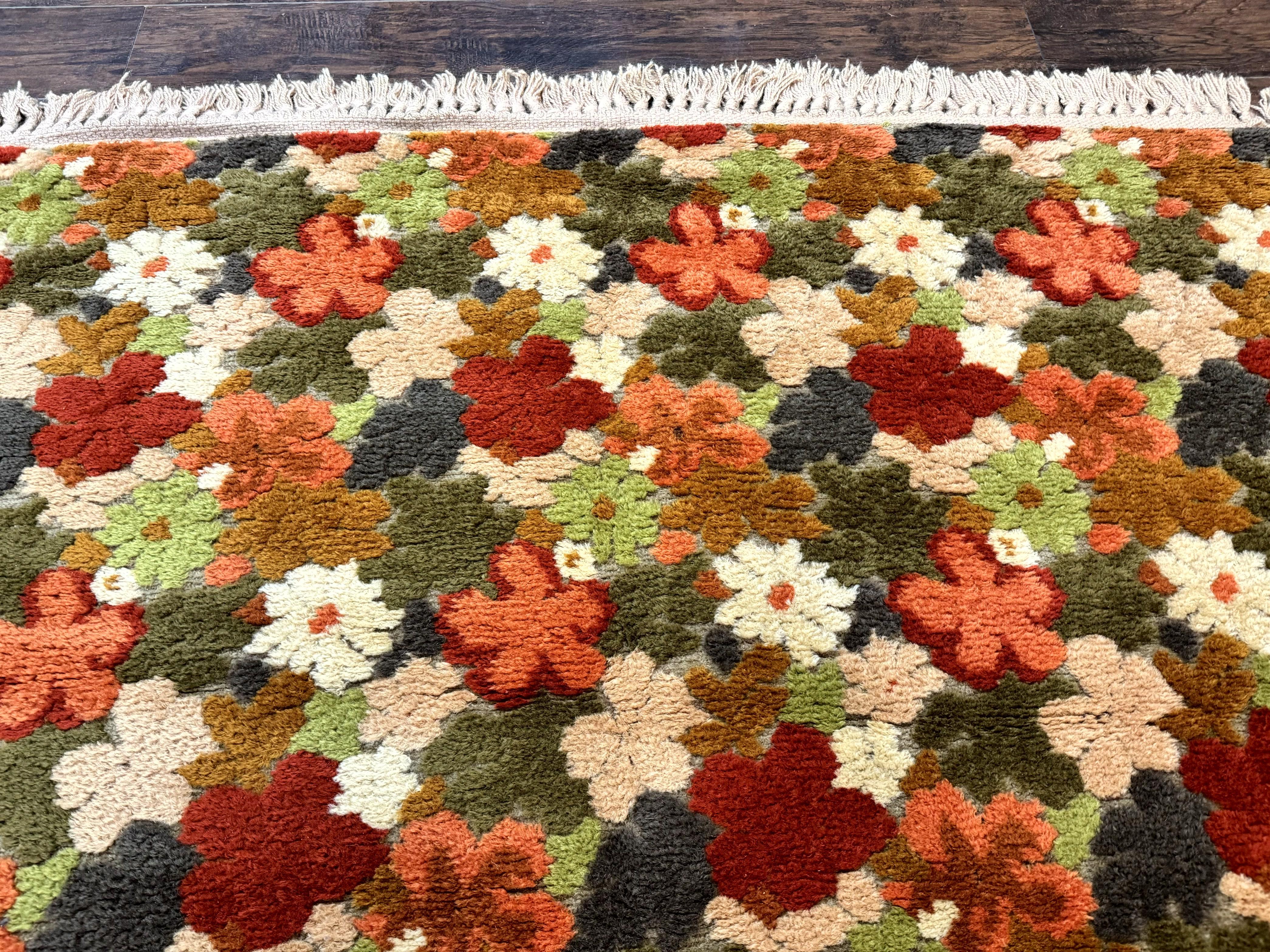 Floral Rug 6x9, Orange Green Beige, Vintage, Wool - Jewel Rugs