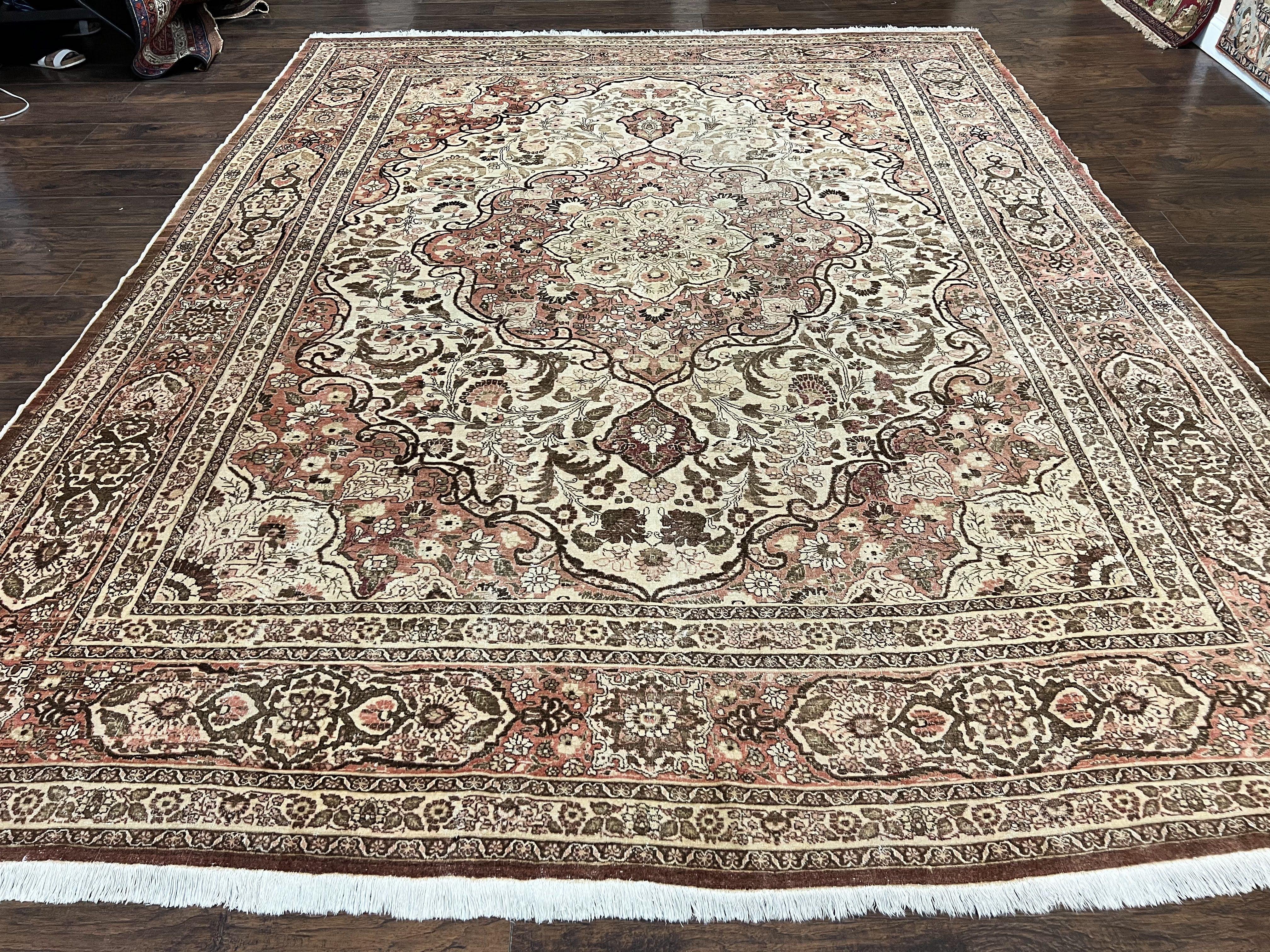 Antique Persian Tabriz Rug 10x12, Wool Hand Knotted Oriental Carpet, Beige Light Red, Floral Medallion - Jewel Rugs