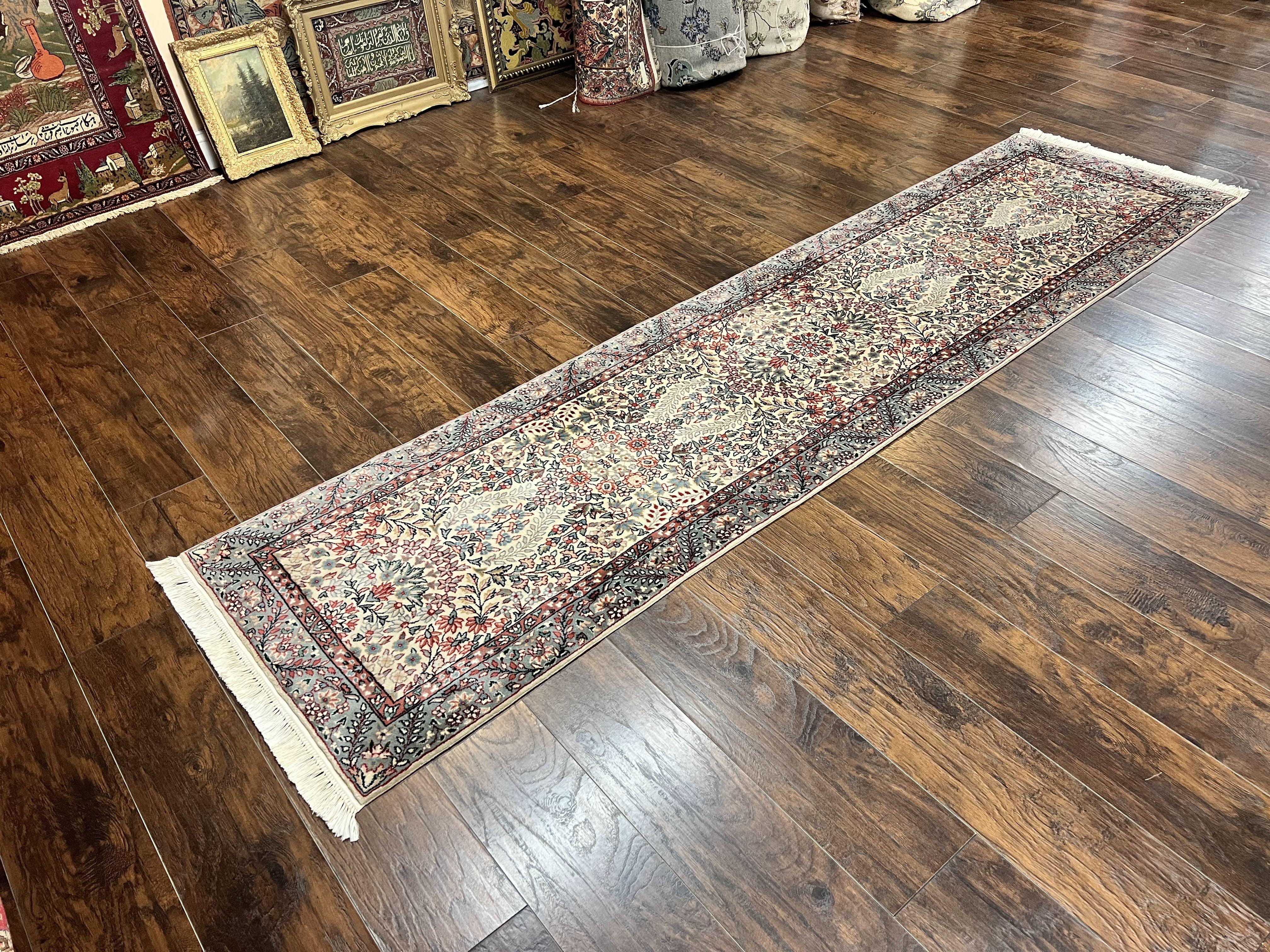 Sino Persian Runner Rug 2.7 x 10, Floral Kirman Lavar Carpet for Hallway, Cream, Handmade Wool Vintage Rug - Jewel Rugs