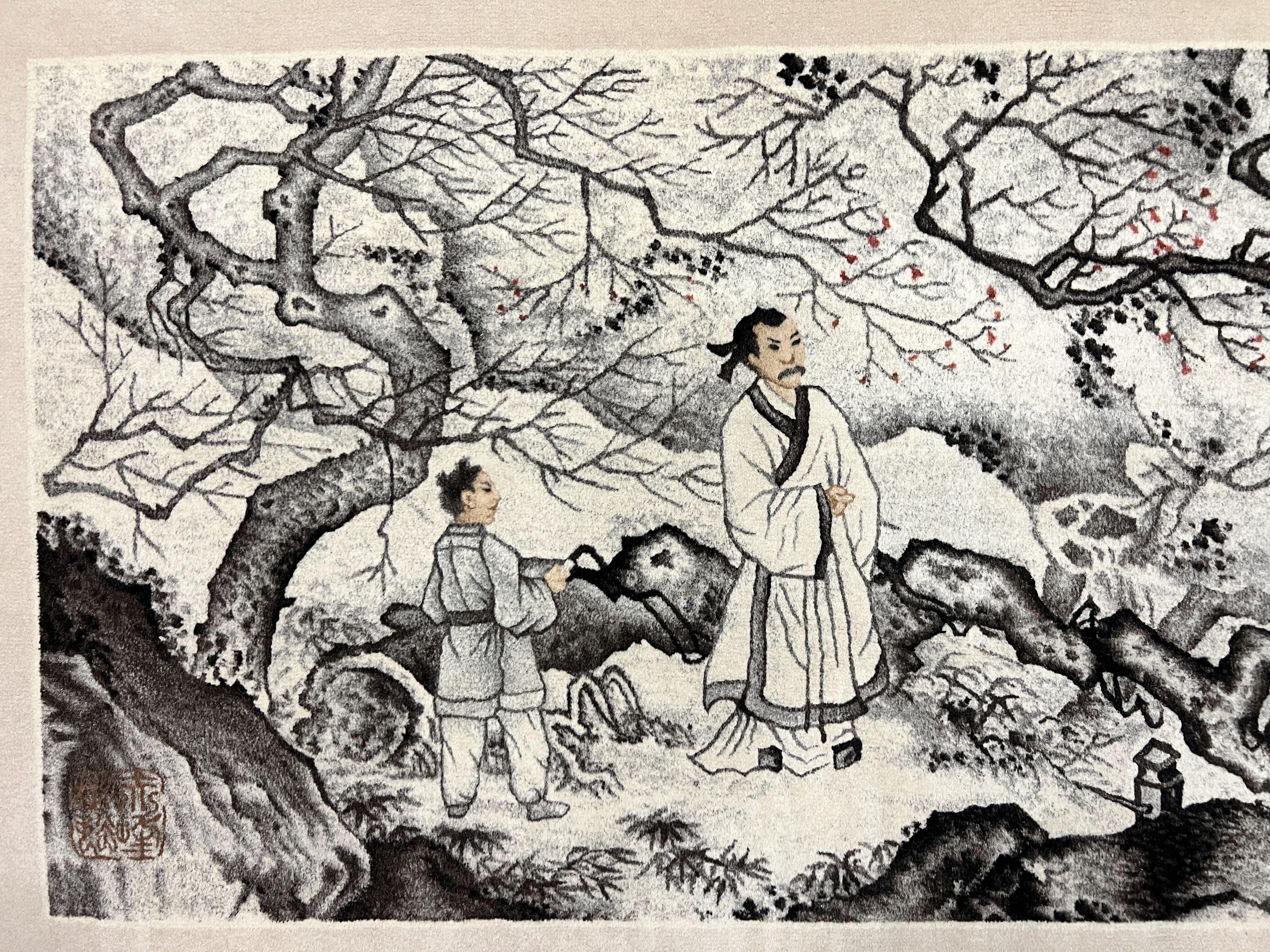 Chinese Wall Hanging Rug 8x3 ft, Samari Pictorial Scene, Hand-Knotted Handmade Vintage Asian Oriental Wall Hanging Tapestry Fine Rug - Jewel Rugs