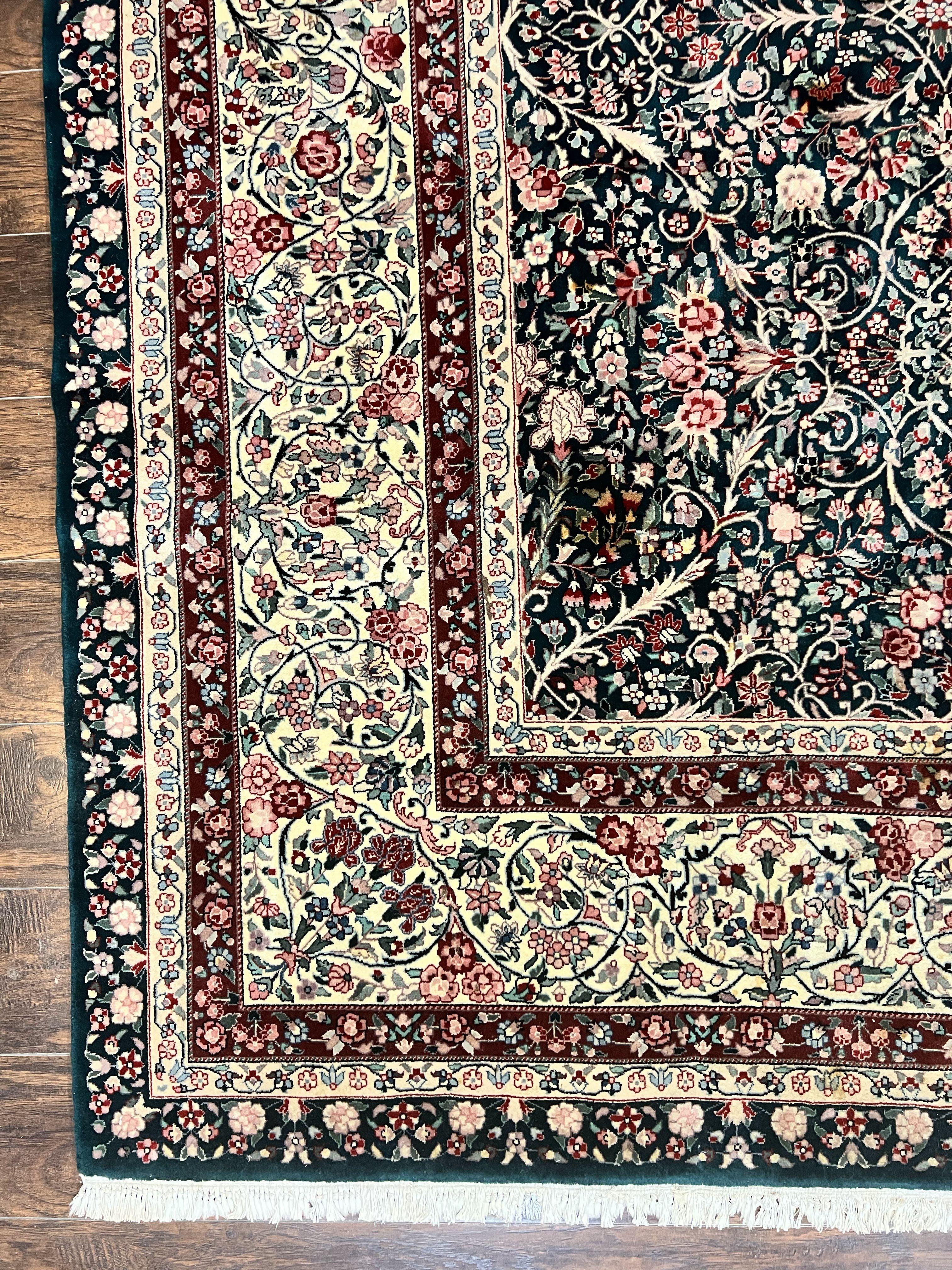 Large Sino Persian Rug 10x14, Wool Hand Knotted Vintage Carpet, Dark Green & Beige, Kirman Floral Rug, Fine Weave, Traditional, Large - Jewel Rugs