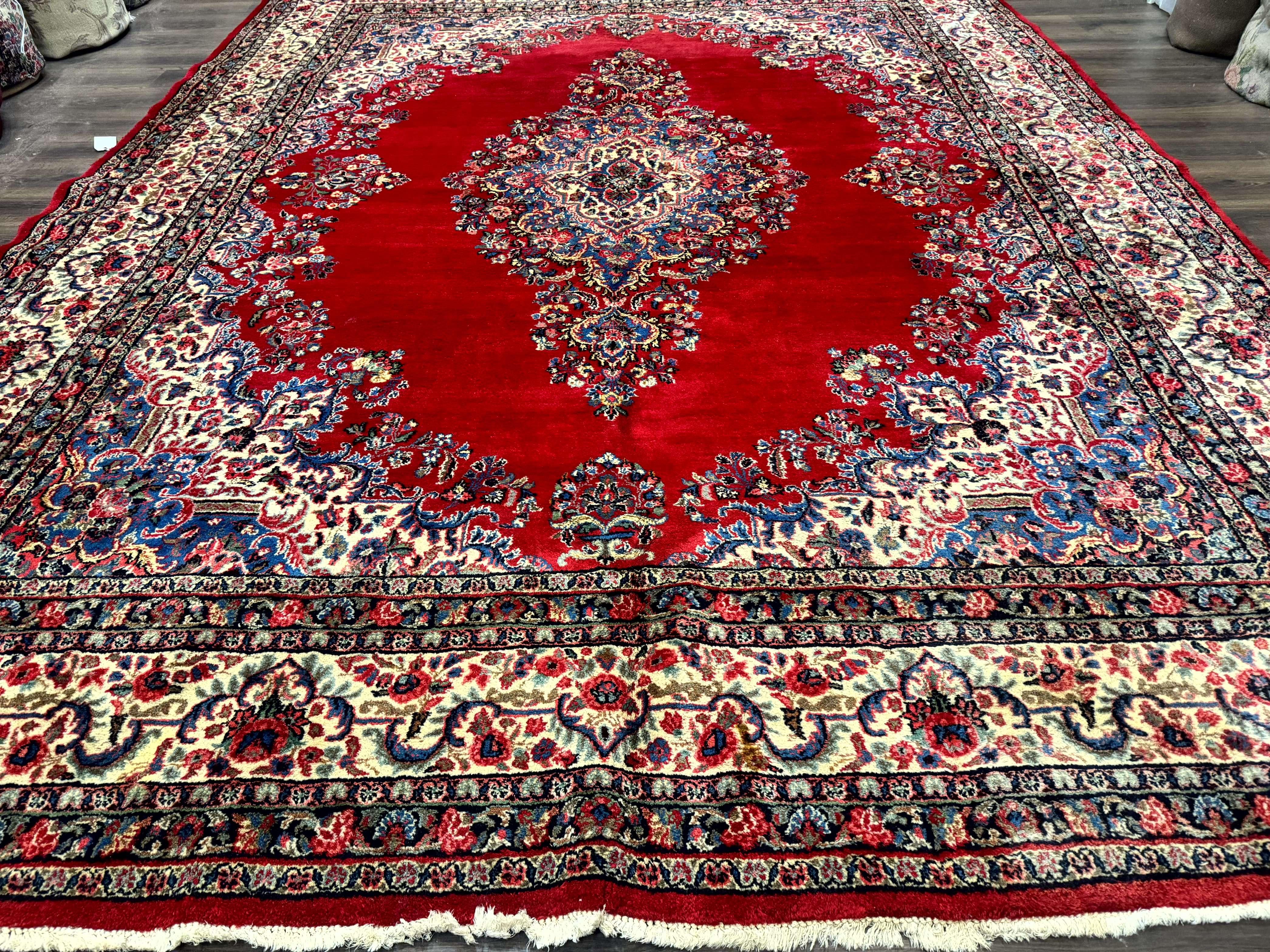 Persian Sarouk Rug 10x13, Semi Open Field, Red Ivory Blue, Large Antique Persian Carpet, Traditional Wool Rug - Jewel Rugs