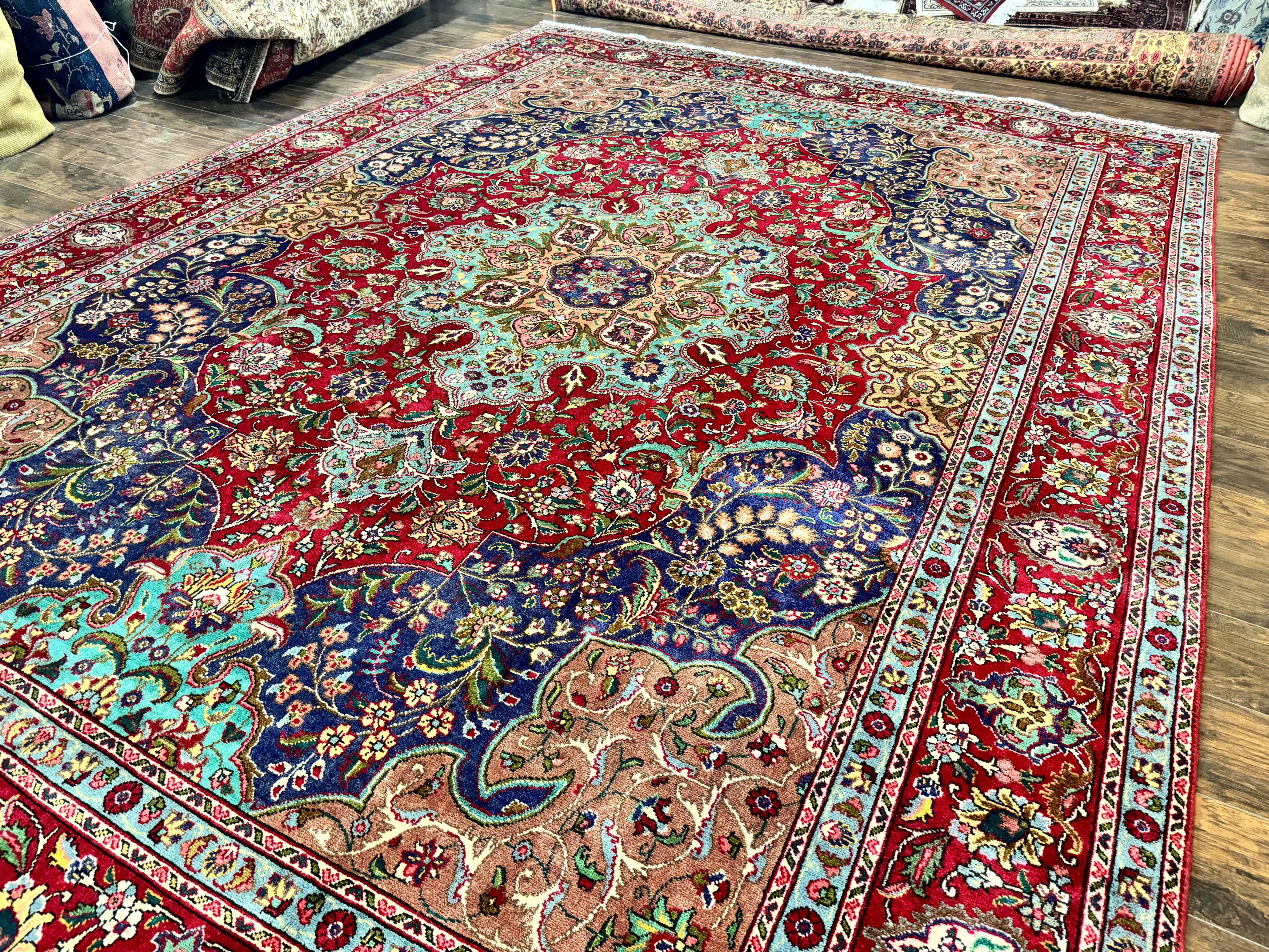 Wonderful Persian Tabriz Rug 10x14, Antique Persian Carpet, Handmade Wool Rug, Floral Medallion, Red Navy Blue, Colorful, Large Persian Area Rug - Jewel Rugs