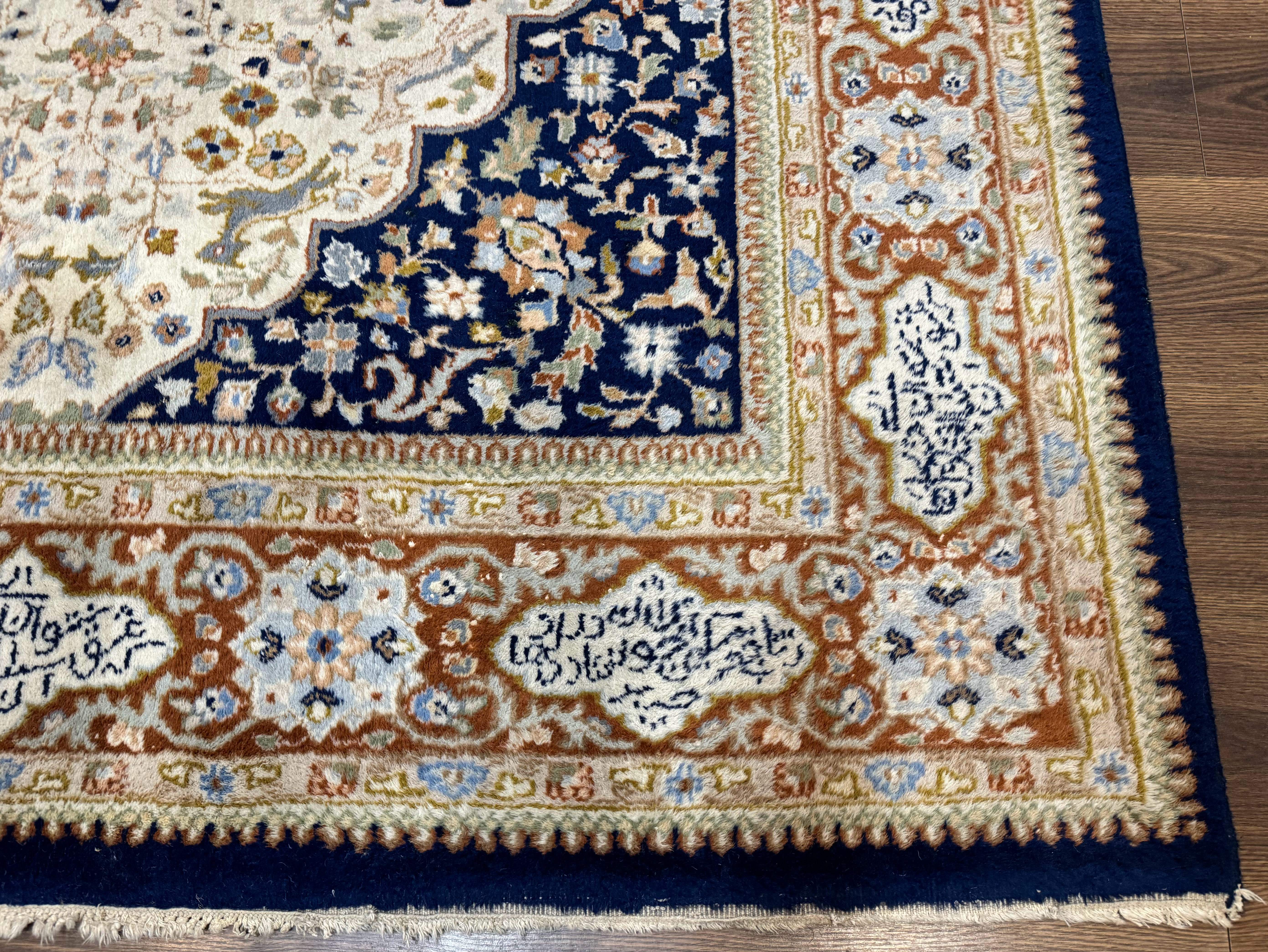 Indo Persian Rug 6x9 – Ivory and Navy, Hunting Design, Wool, Vintage, Poetry in Borders - Jewel Rugs