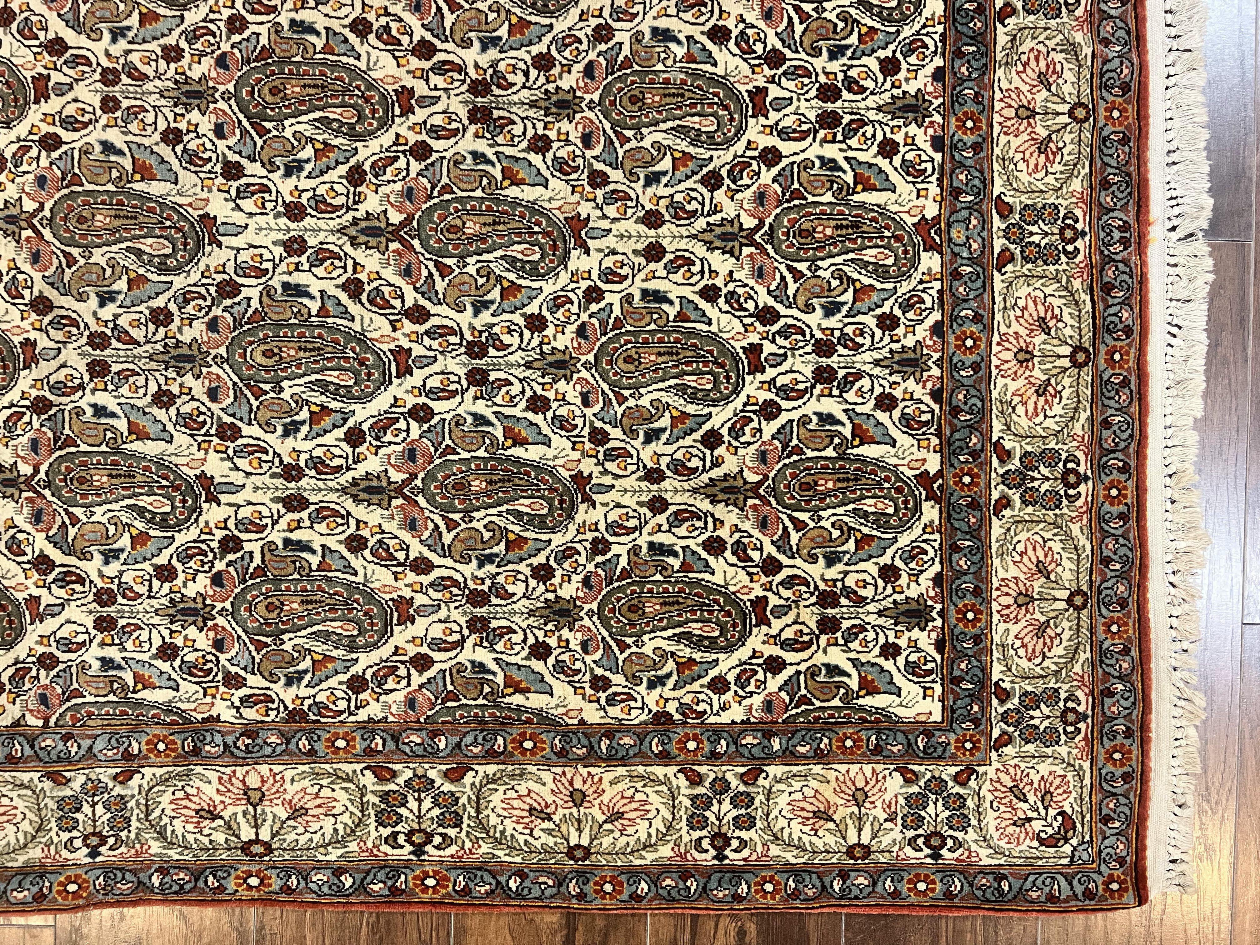 Persian Qum Rug 5x6, Cream Wool Hand Knotted Carpet, Repeated Boteh Paisely Design, Semi Antique Vintage Rug, Very Fine Weave 5 x 6 Rug - Jewel Rugs