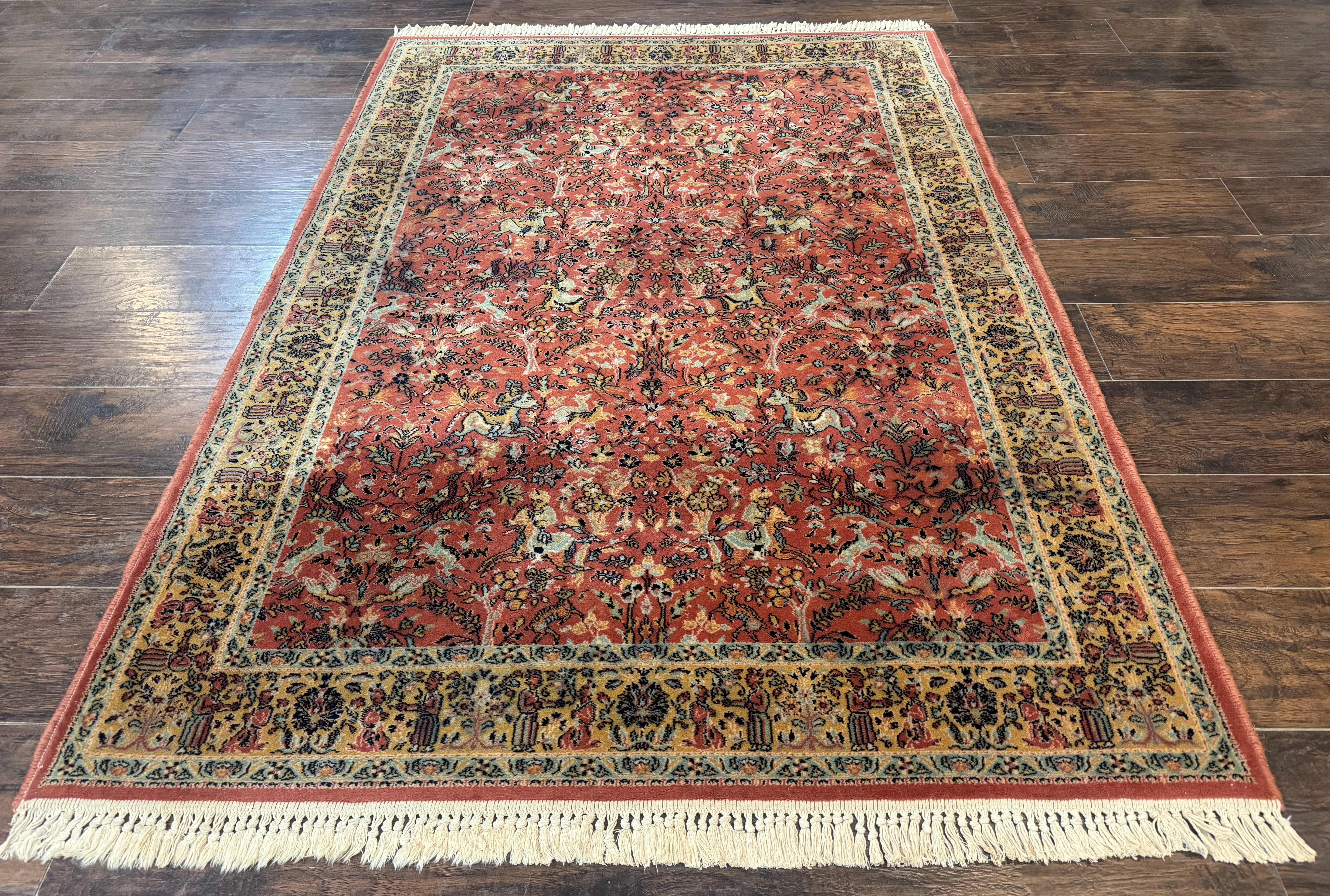 Persian Hunting Design Rug 4.7 x 6.5, Hunting Scene, Red-Orange, Wool, Belgian Power Loomed Carpet - Jewel Rugs