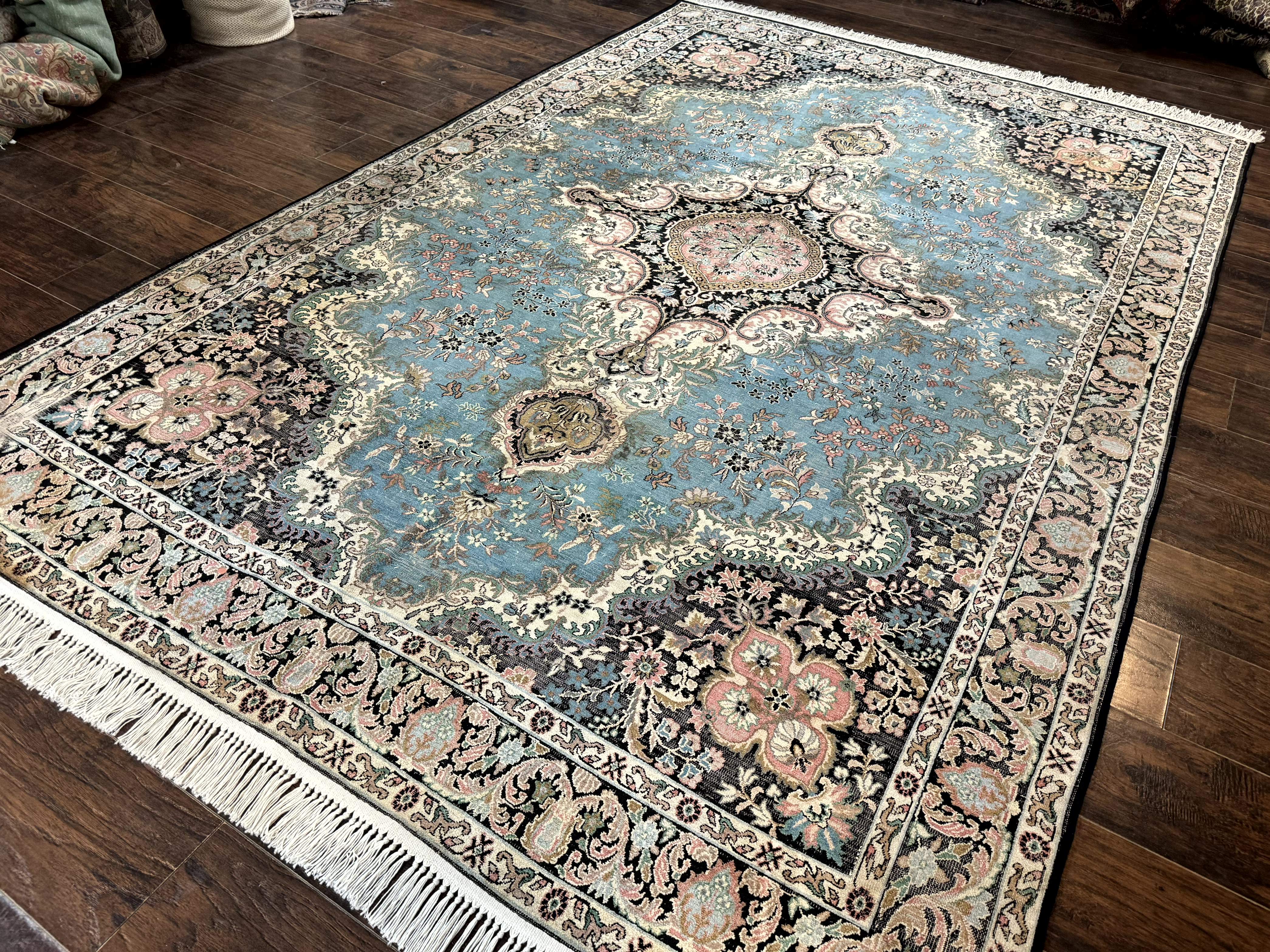 Silk Indian Kashmiri Rug 7x10 – Light Blue, Handmade Vintage Carpet, Low Pile - Jewel Rugs