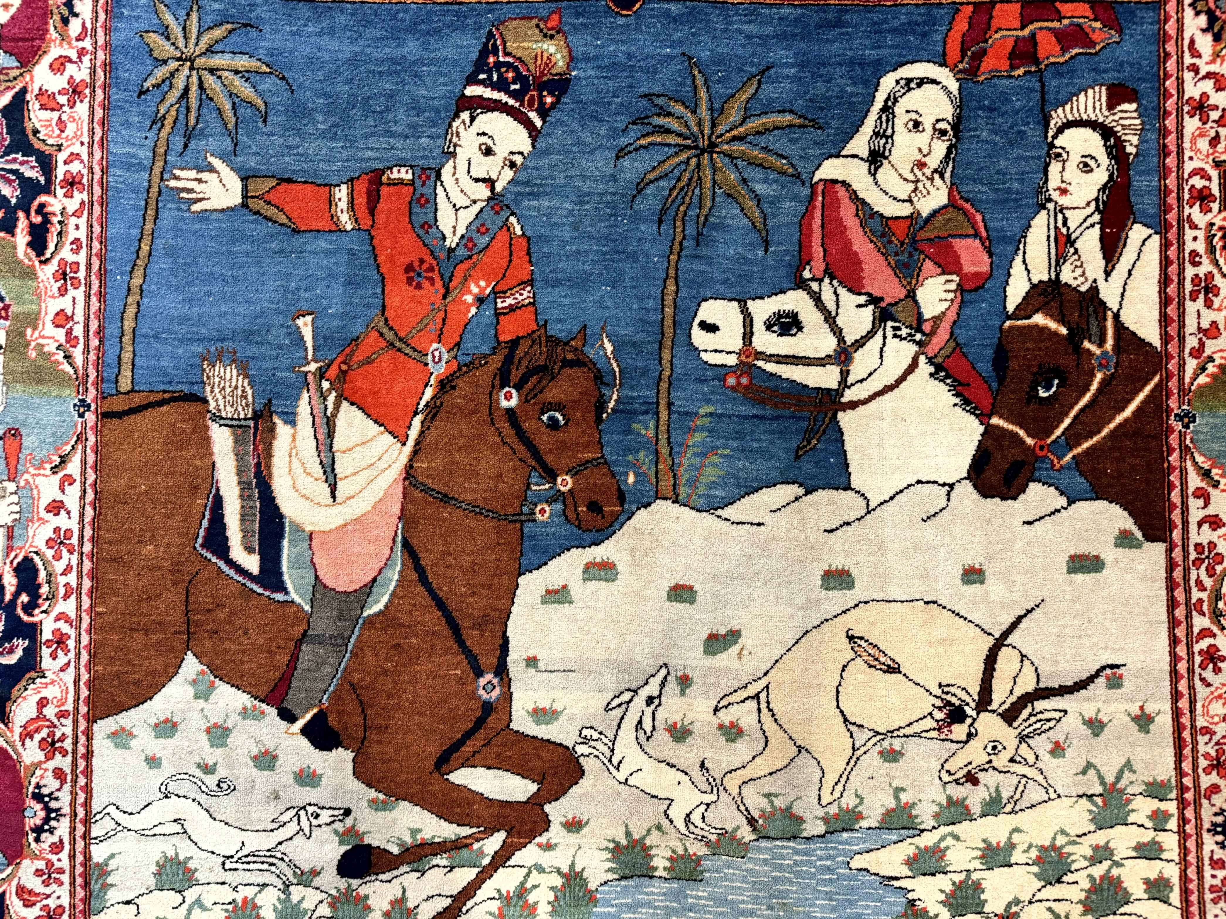 Rare Persian Kashan Pictorial Rug 6x9, King Bahram Hunting Scene, Persian Kings, Hand Knotted Persian Rug for Wall Hanging, Antique, Wool - Jewel Rugs