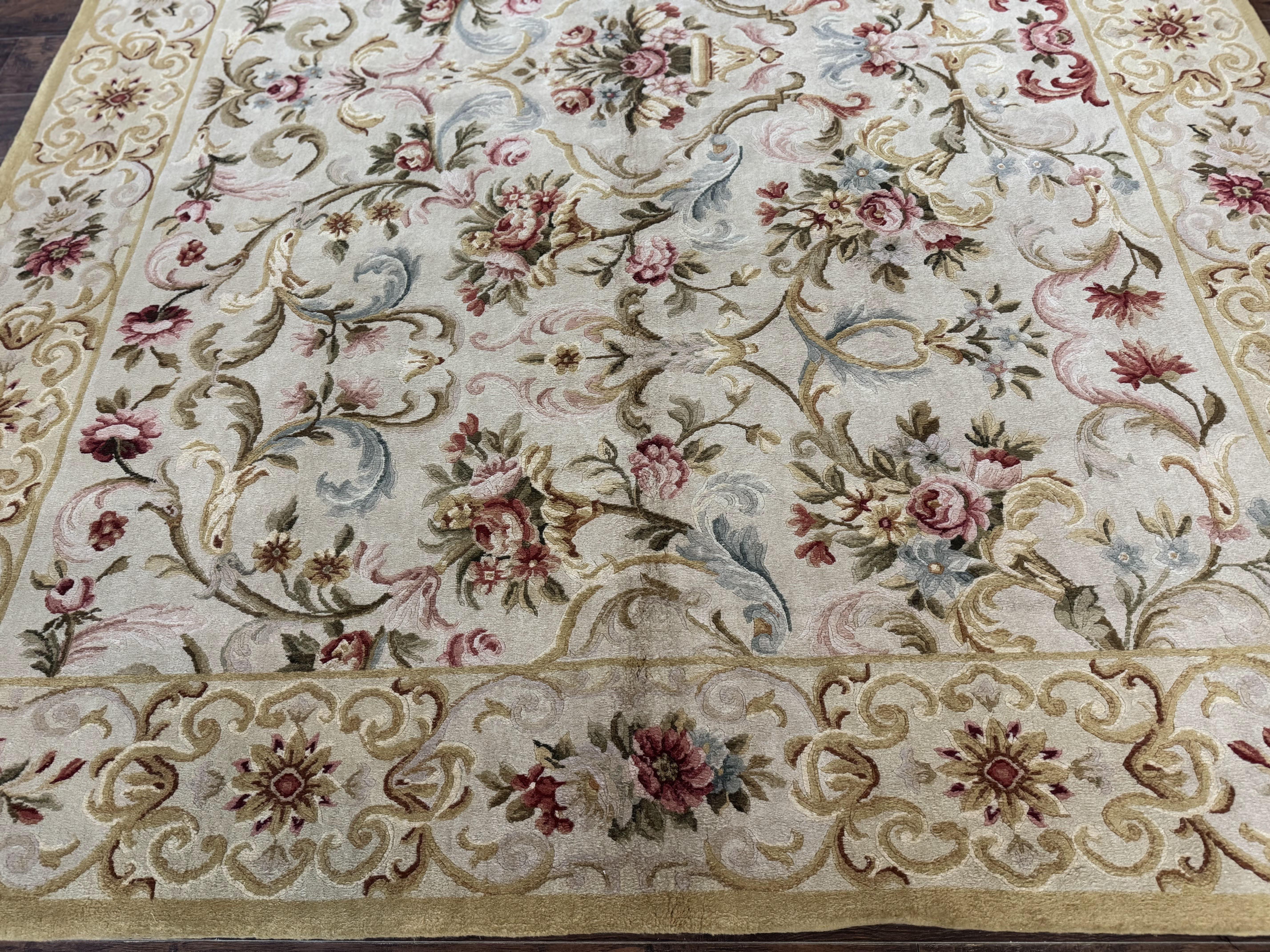 Aubusson Rug 8x10, French European Design, Vintage Handmade Wool Carpet, Aubusson Rug with Pile, Floral - Jewel Rugs