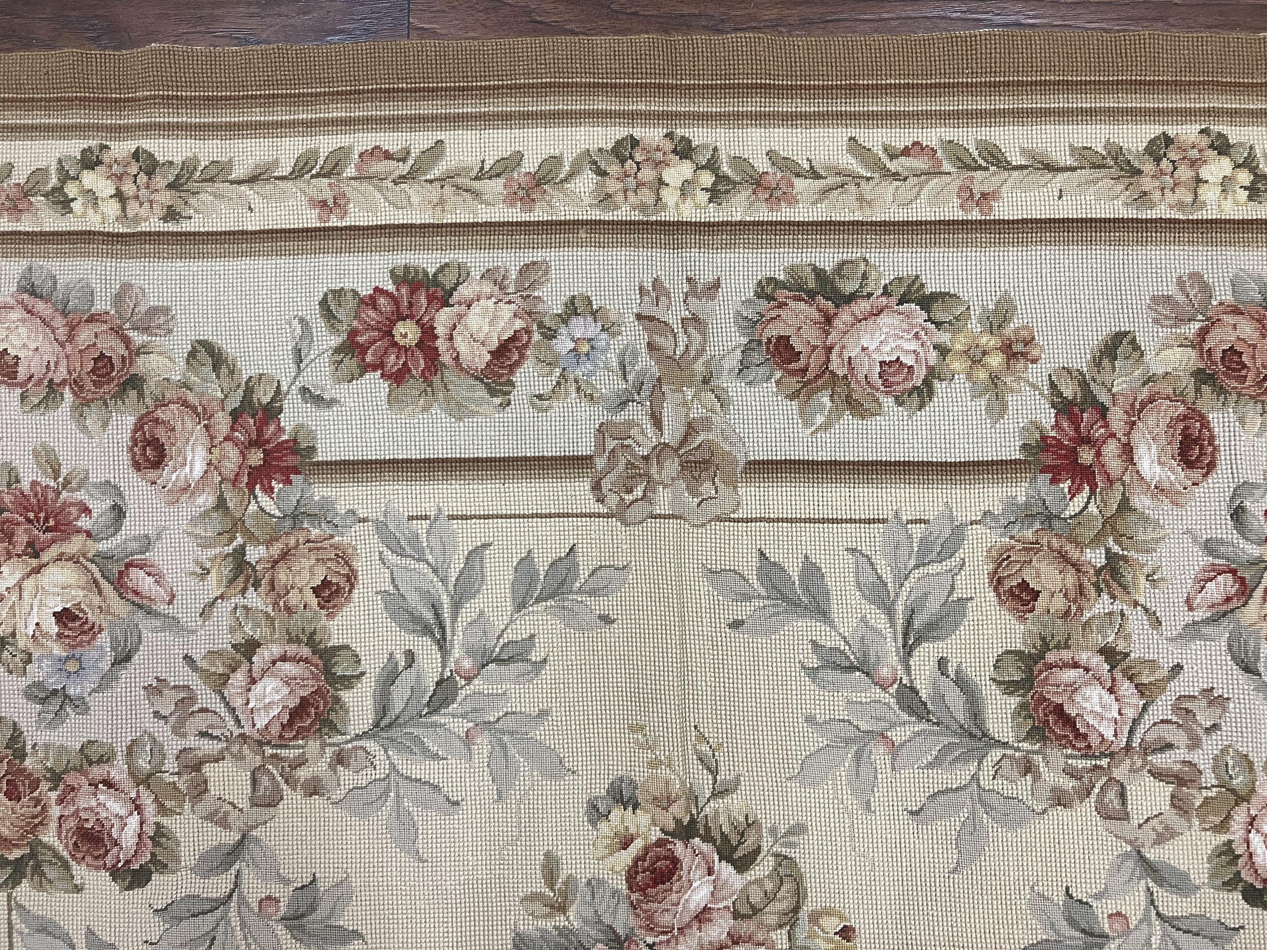 Needlepoint Rug, Aubusson Design, Petit Point Carpet, Floral, Cream, French European Design, Flatweave, Wool, Vintage - Jewel Rugs