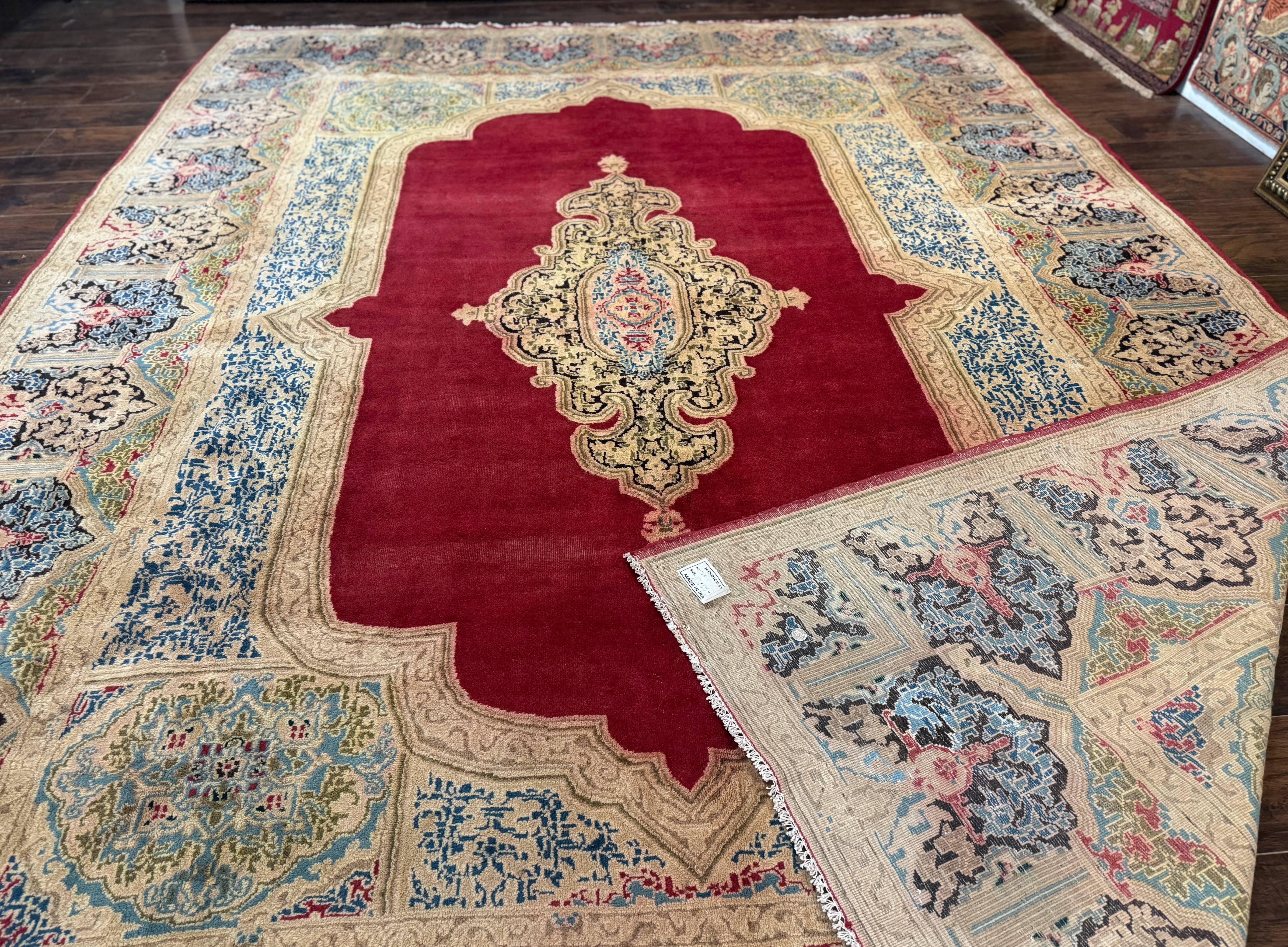 Large Persian Kerman Rug 10x13, Semi Open Field, Red Blue Tan, Handmade Persian Carpet, Antique - Jewel Rugs