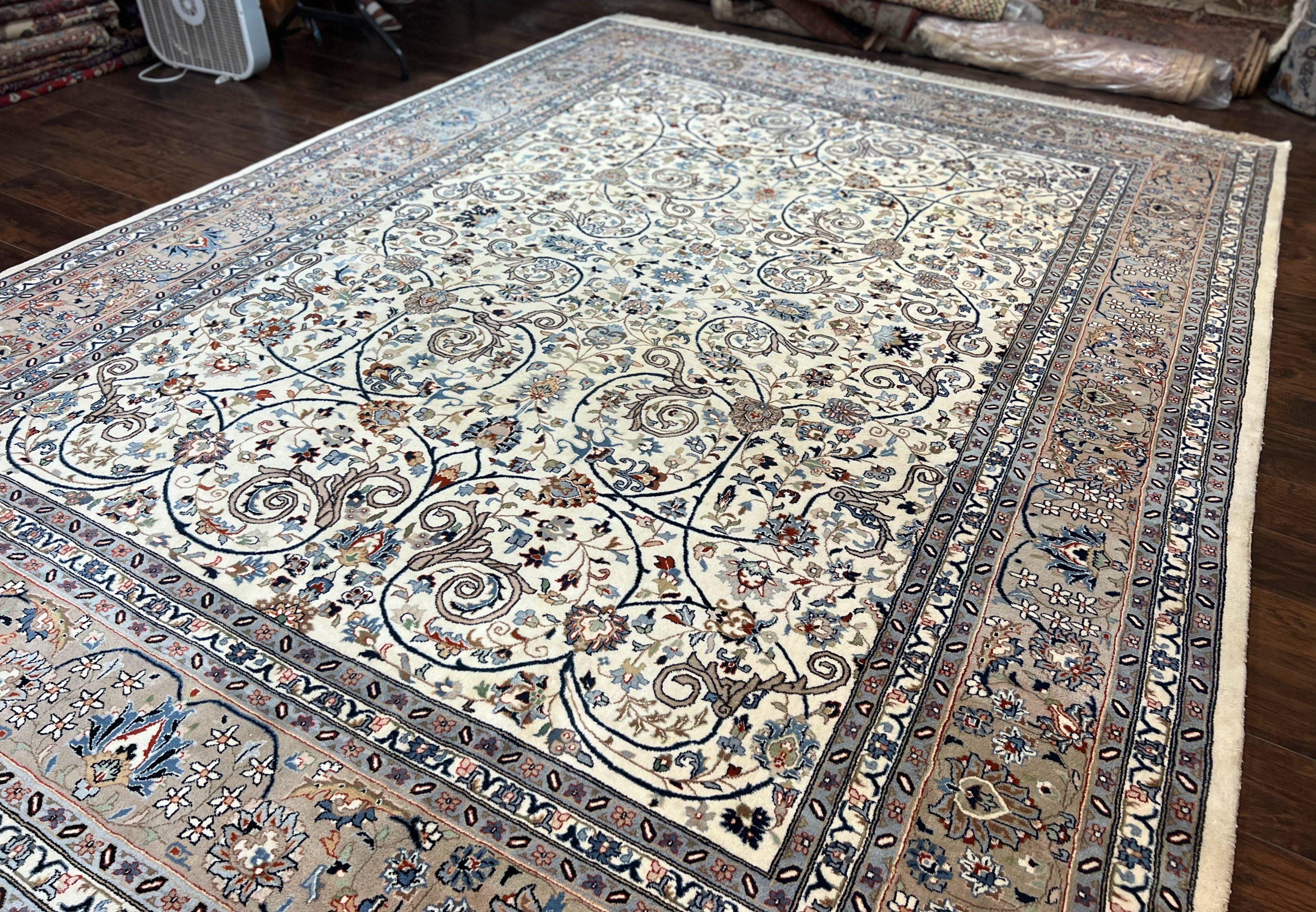 Indo Persian Rug 10x14, Floral Allover Pattern, Handmade Vintage Wool Carpet, Ivory/Cream - Jewel Rugs