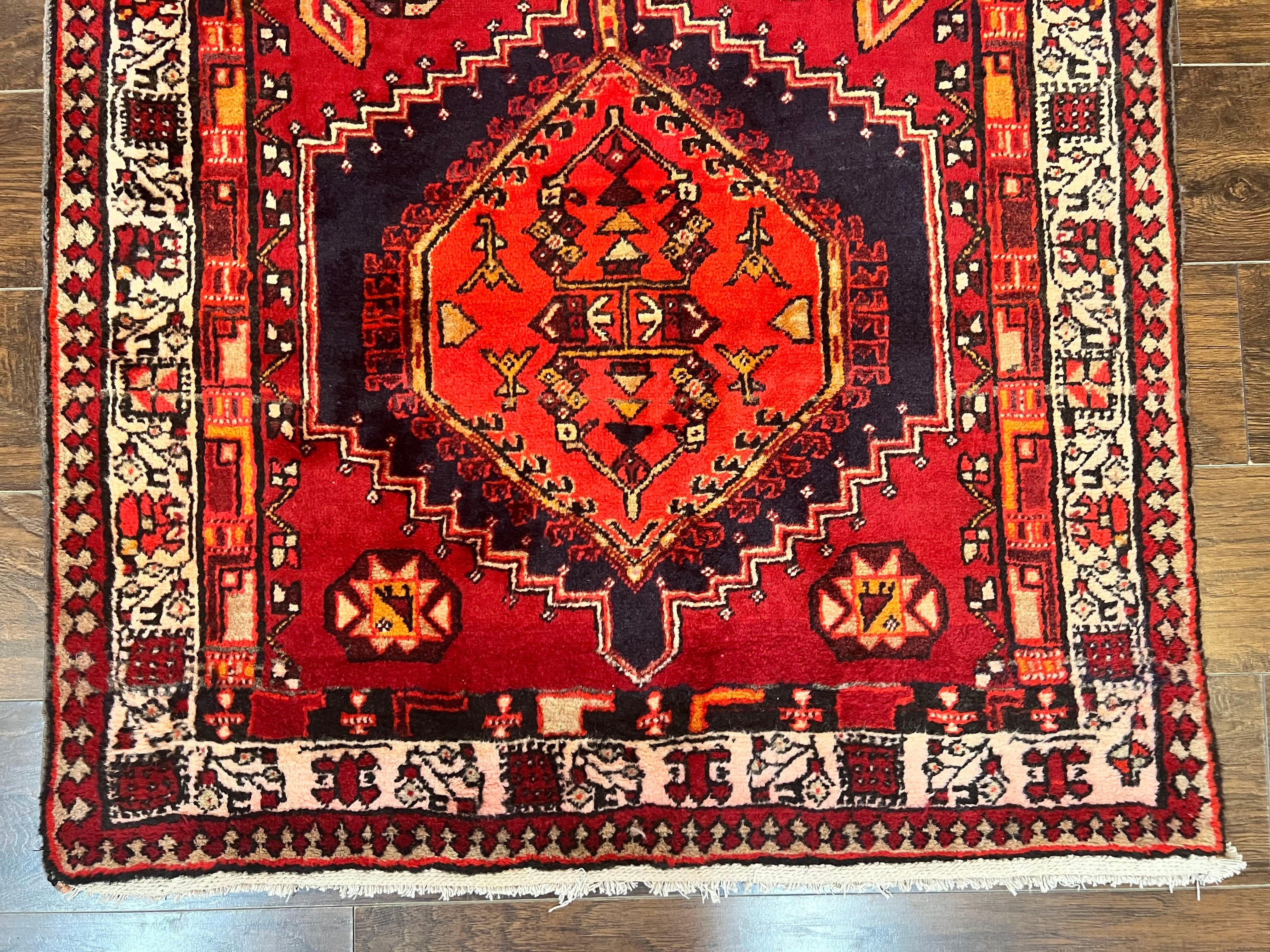 Persian Heriz Runner Rug 3.7 x 11, Persian Tribal Runner, Handmade Wool, Medallions, Geometric, Red, Antique Vintage Hand Knotted Rug - Jewel Rugs