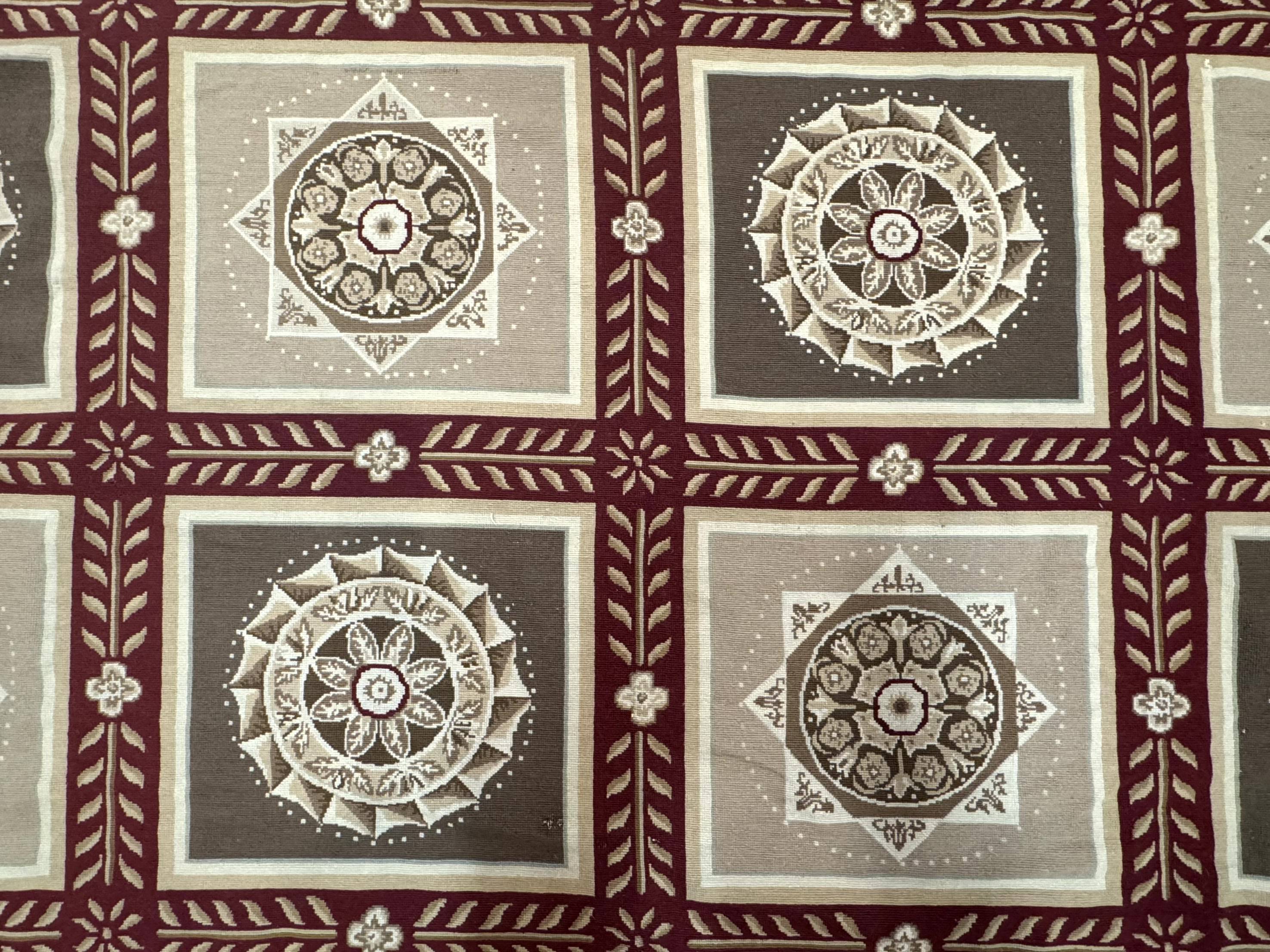 Needlepoint Rug 9x12, Panel Design, Burgundy Taupe, Elegant - Jewel Rugs