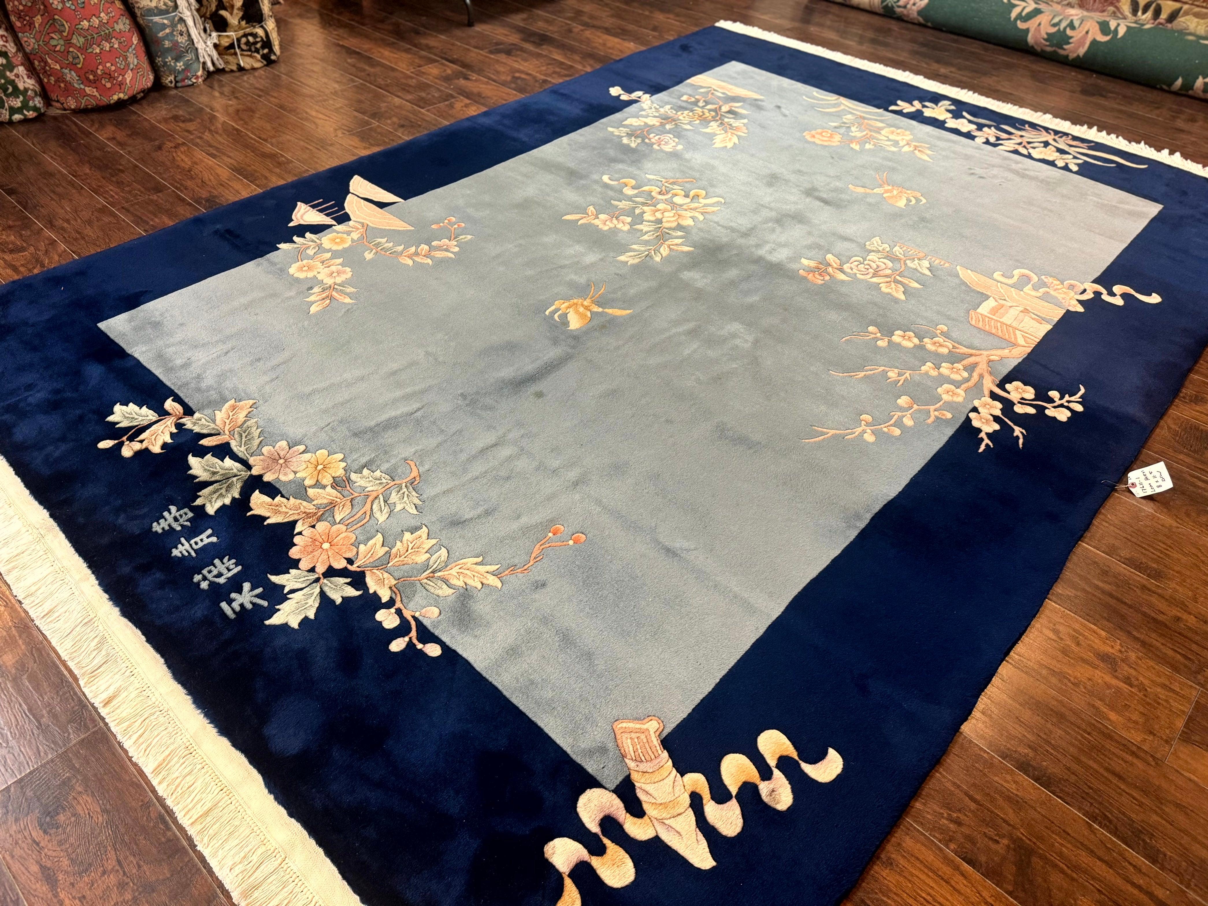Blue Chinese Wool Rug 8 x 11.5, Open Field, Simple Design, Flowers, 90 Line Rug, Vintage Art Deco Carpet, Asian Oriental Rug - Jewel Rugs