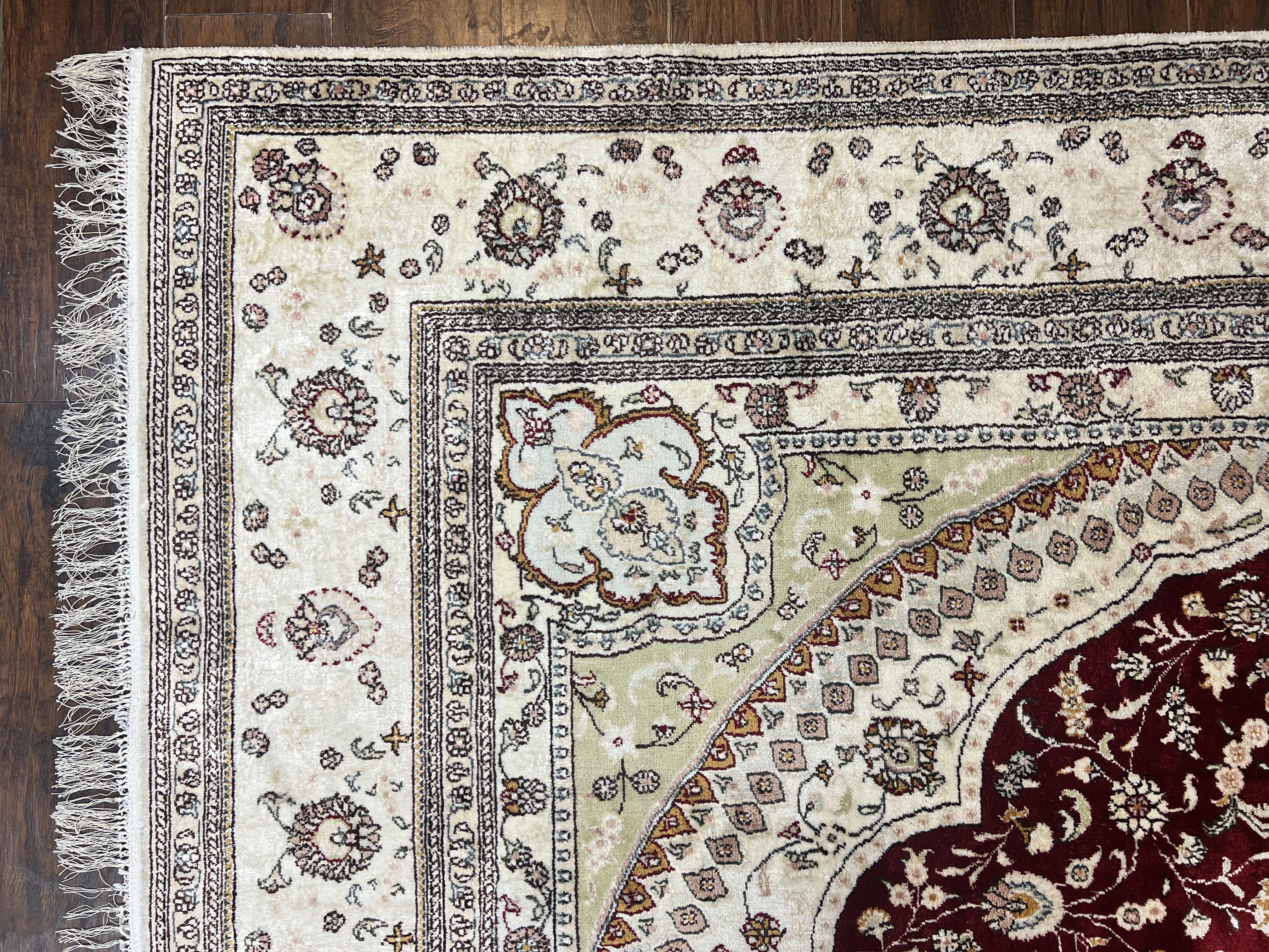 Silk Indian Kashmiri Rug 9x12, Room Sized Silk Carpet, Floral Medallion, Very Fine, Masterpiece Rug, Silk Oriental Rug, Dark Red & Cream Rug - Jewel Rugs