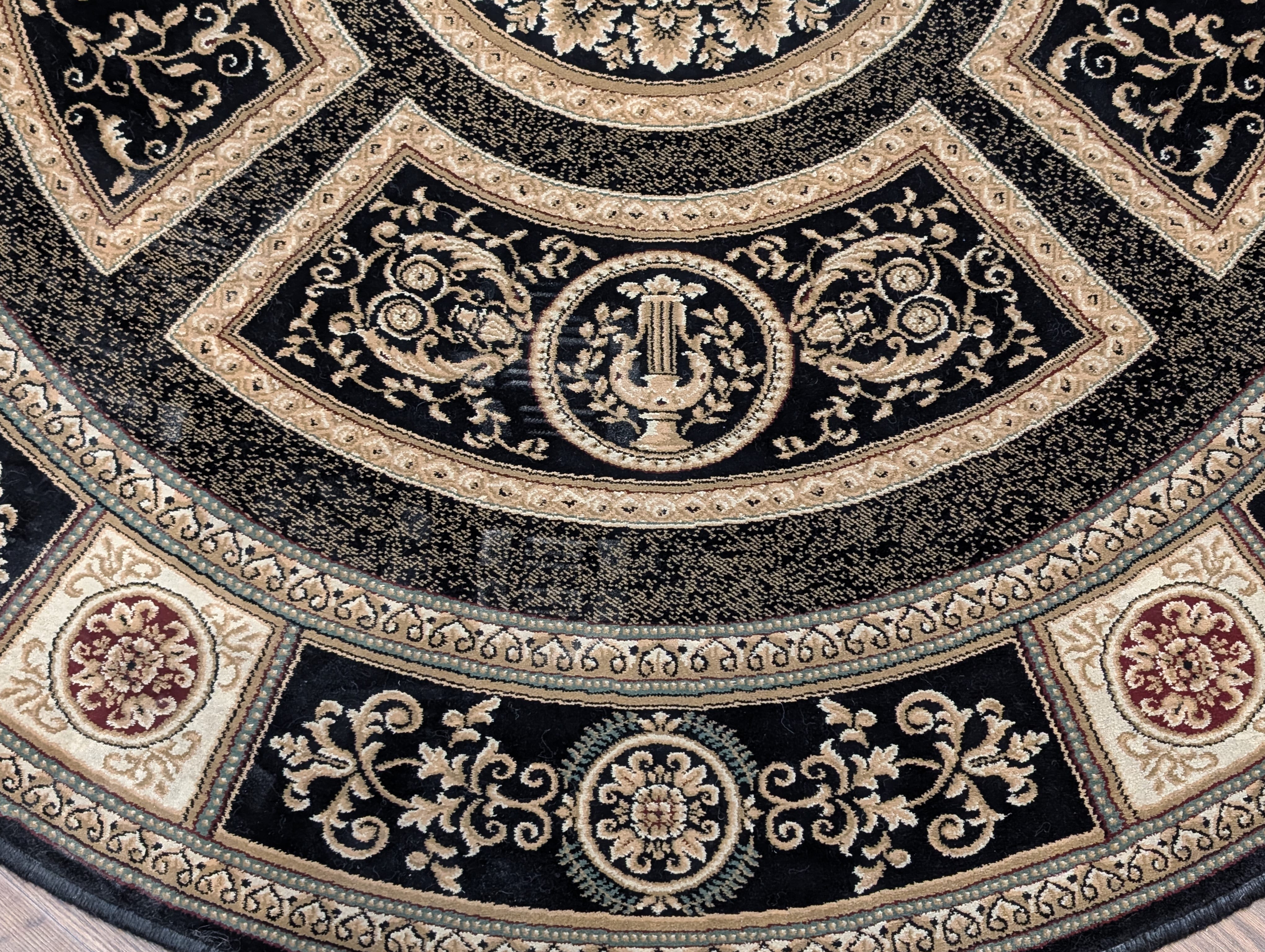 Round Aubusson Rug 5x5 ft, Black, Savonnerie, French Design - Jewel Rugs