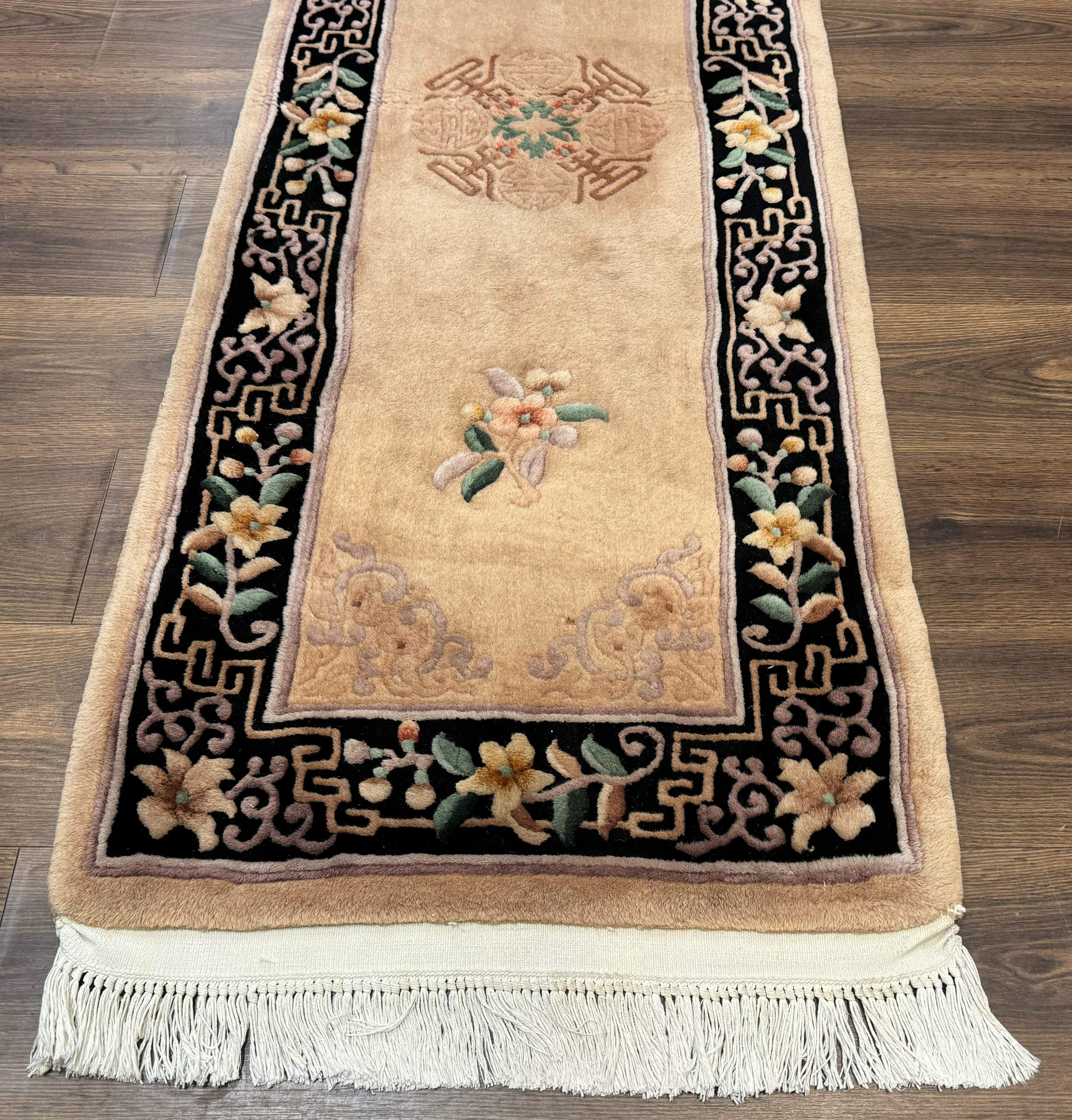 Chinese Wool Runner Rug 2 x 11.6, Vintage 90 Line Asian Oriental Carving Sculpted Hallway Rug - Jewel Rugs