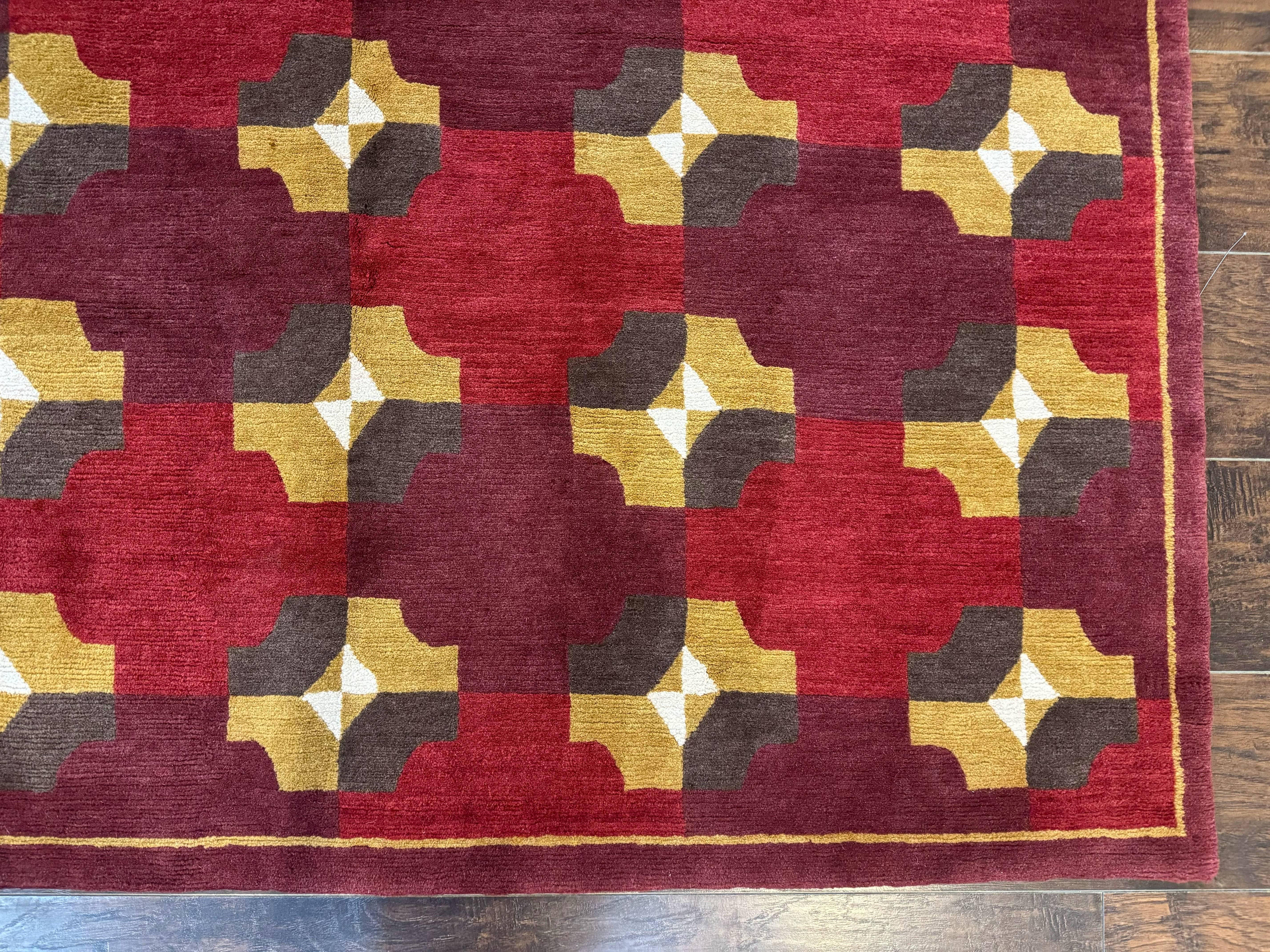 Modern Tibetan Rug 5 x 6.8, Wool, Red, Allover Pattern, Nepali Rug, Abstract Rug, Handmade Area Rug - Jewel Rugs