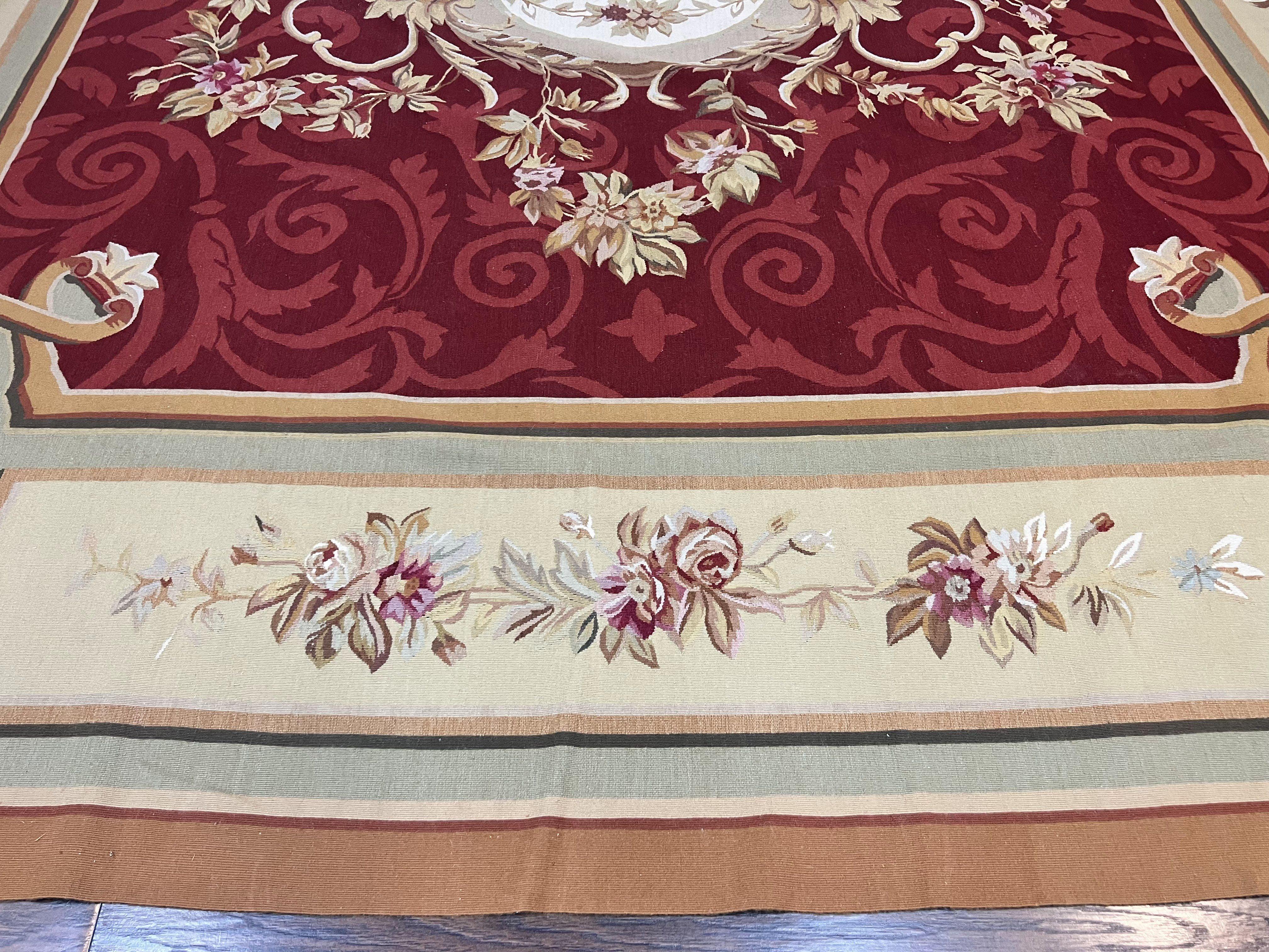 Large Aubusson Rug 10x14, Wool Handmade Vintage Carpet, Dark Red Ivory Tan, French European Elegant Aubusson Weave Rug - Jewel Rugs