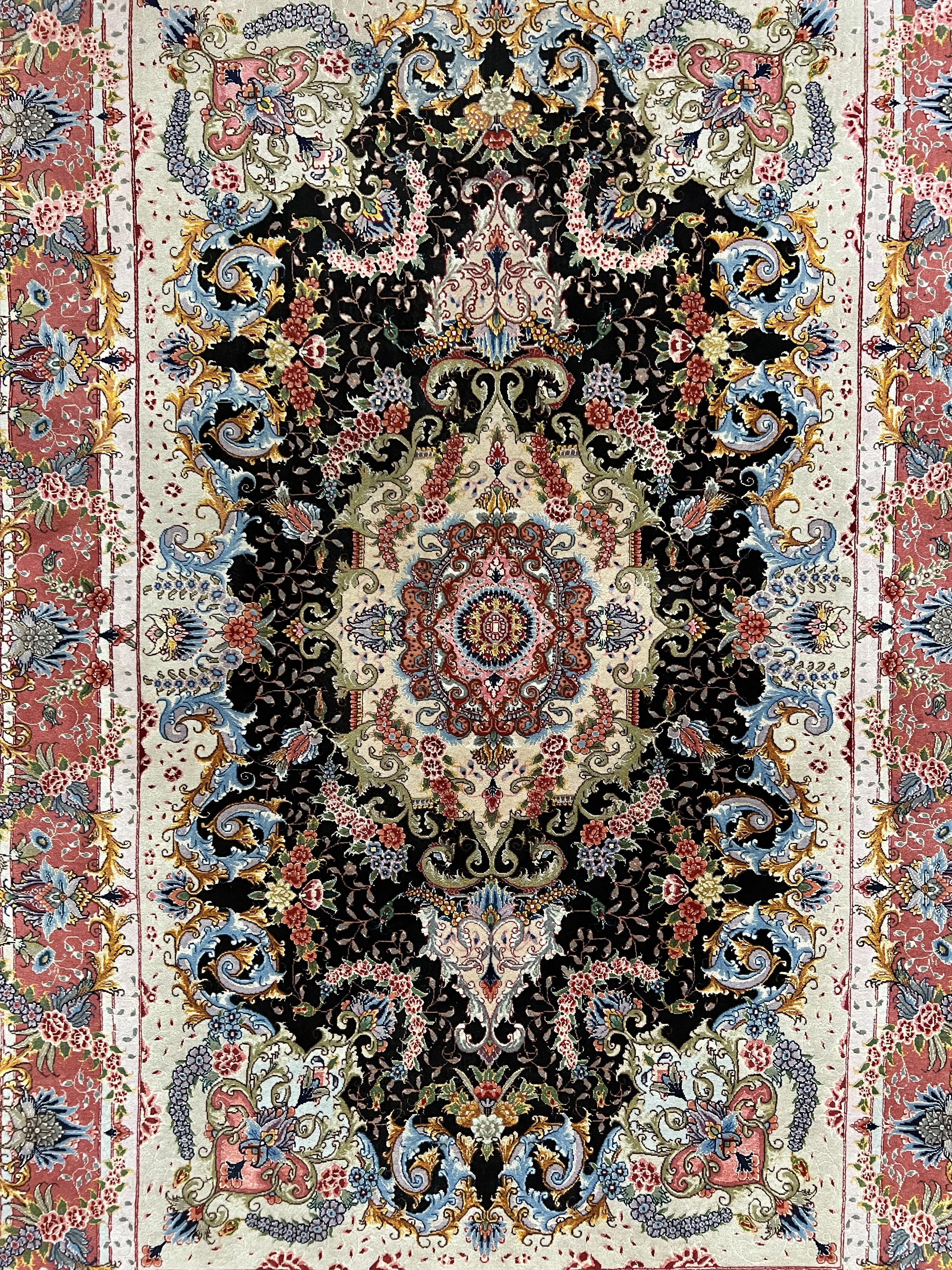 Stunning Persian Tabriz Rug 3.5 x 5, Super Fine, Kork Wool on Silk, Floral Medallion, 70 Raj, 650 KPSI, Signed Master Piece, Hand Knotted, Black - Jewel Rugs