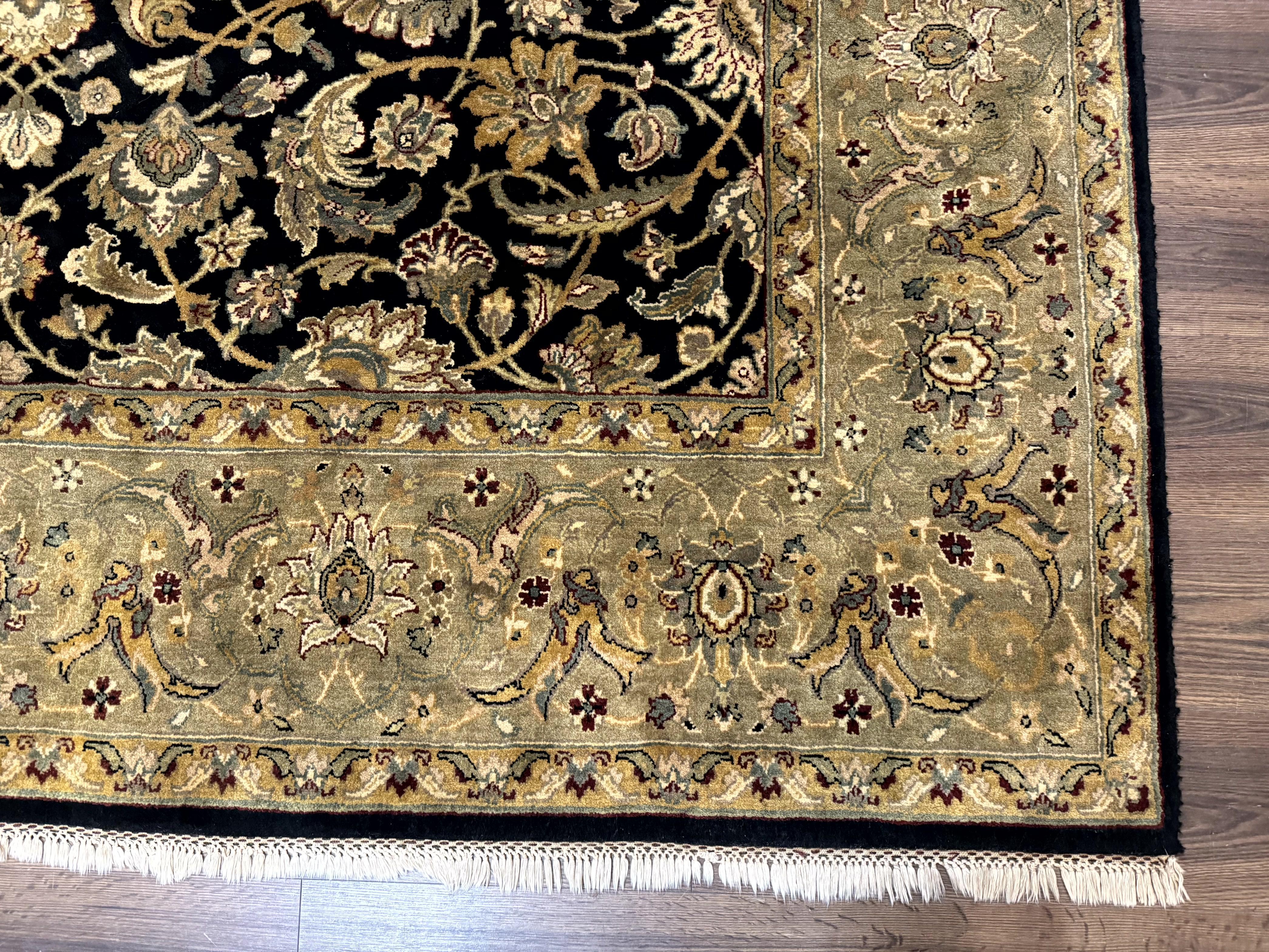 Indo Persian Rug 8x10, Black and Green, Wool, Handmade, Traditional, Floral Allover, Vintage - Jewel Rugs