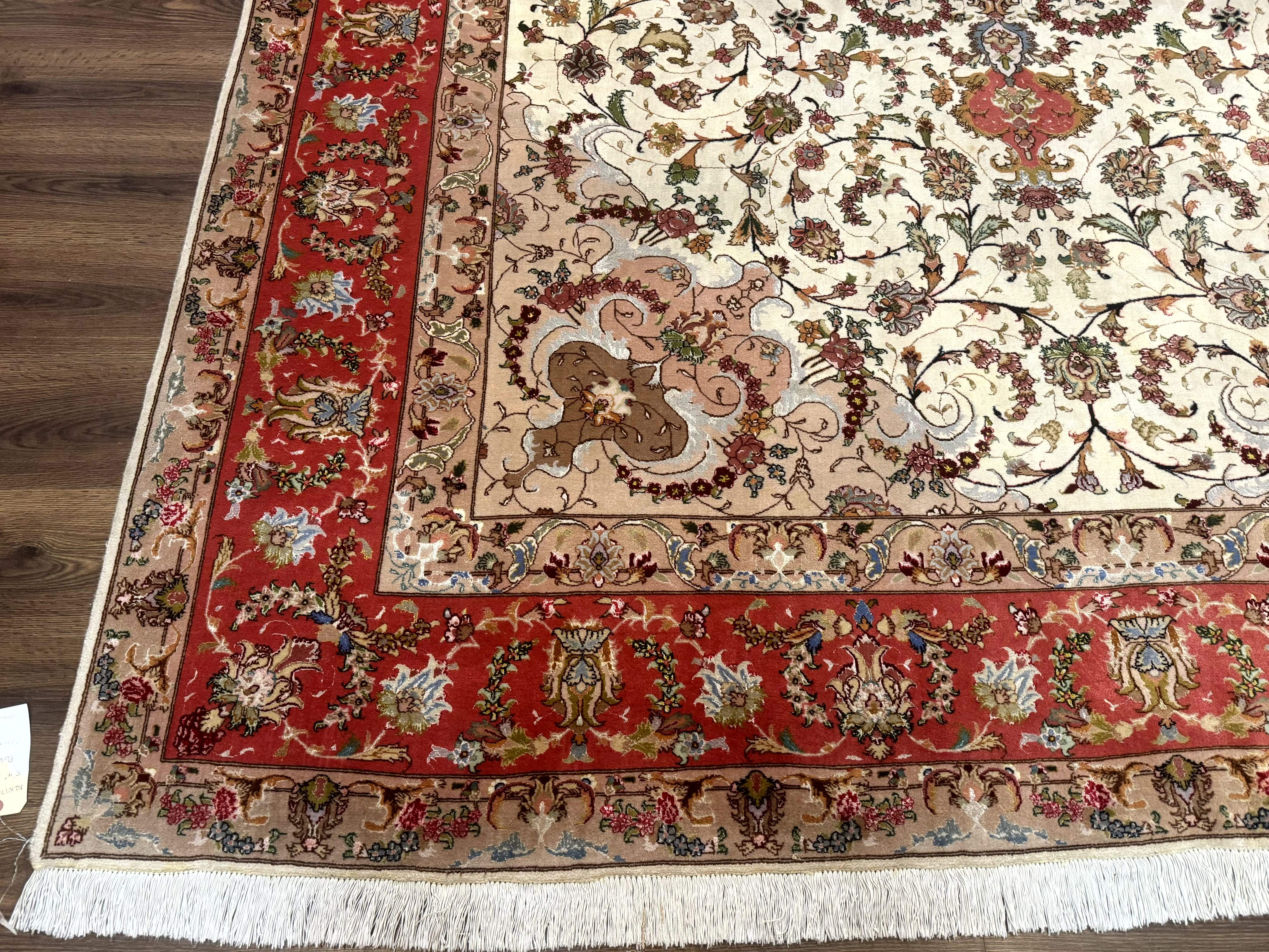Persian Tabriz Rug 8x12 – Ivory and Coral Red, Hand-Knotted Wool Fine Carpet - Jewel Rugs