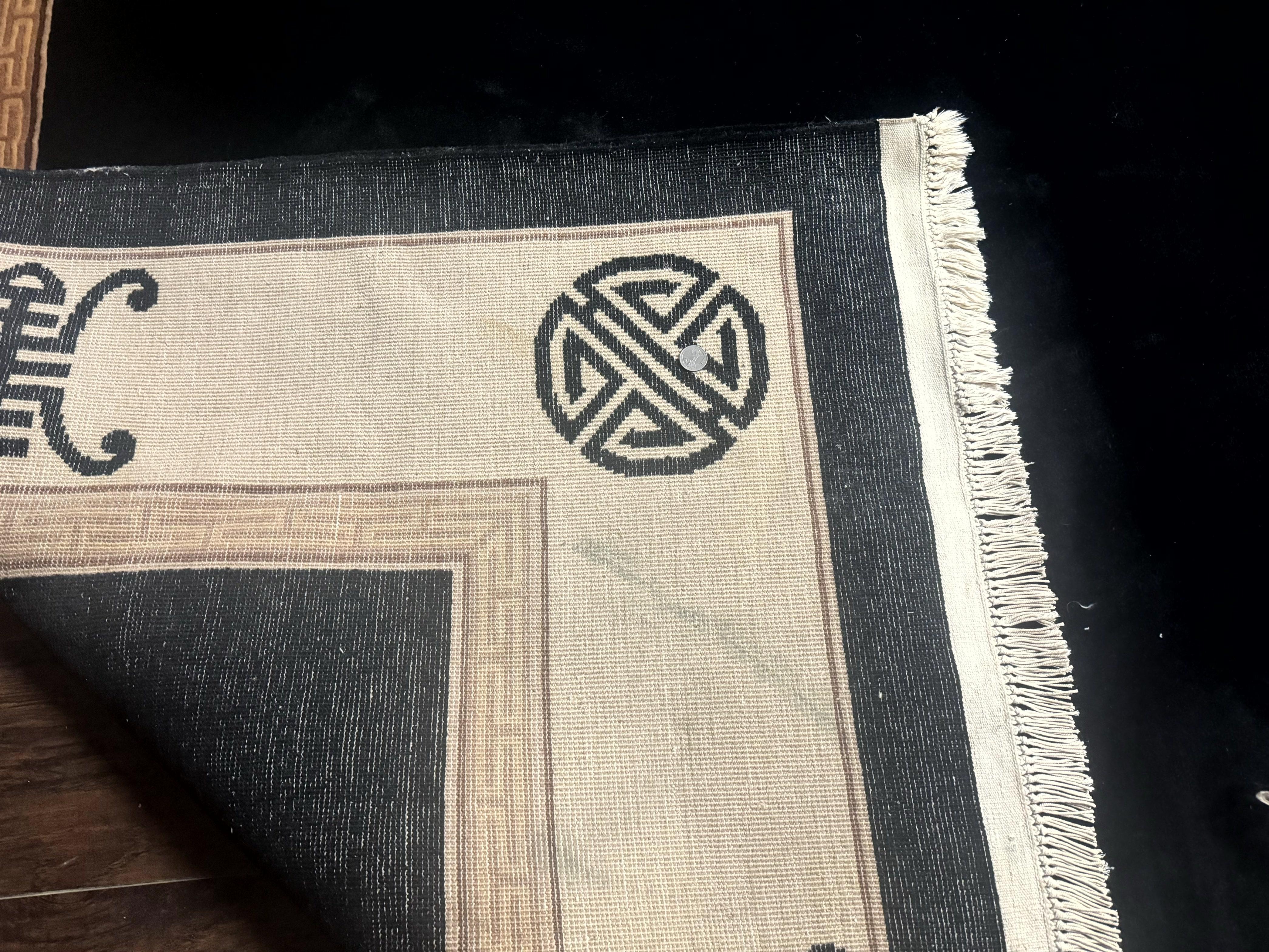 Black Chinese Wool Rug 9x12, Vintage Asian Oriental Carpet, Open Field Simple Design, Black and Beige - Jewel Rugs