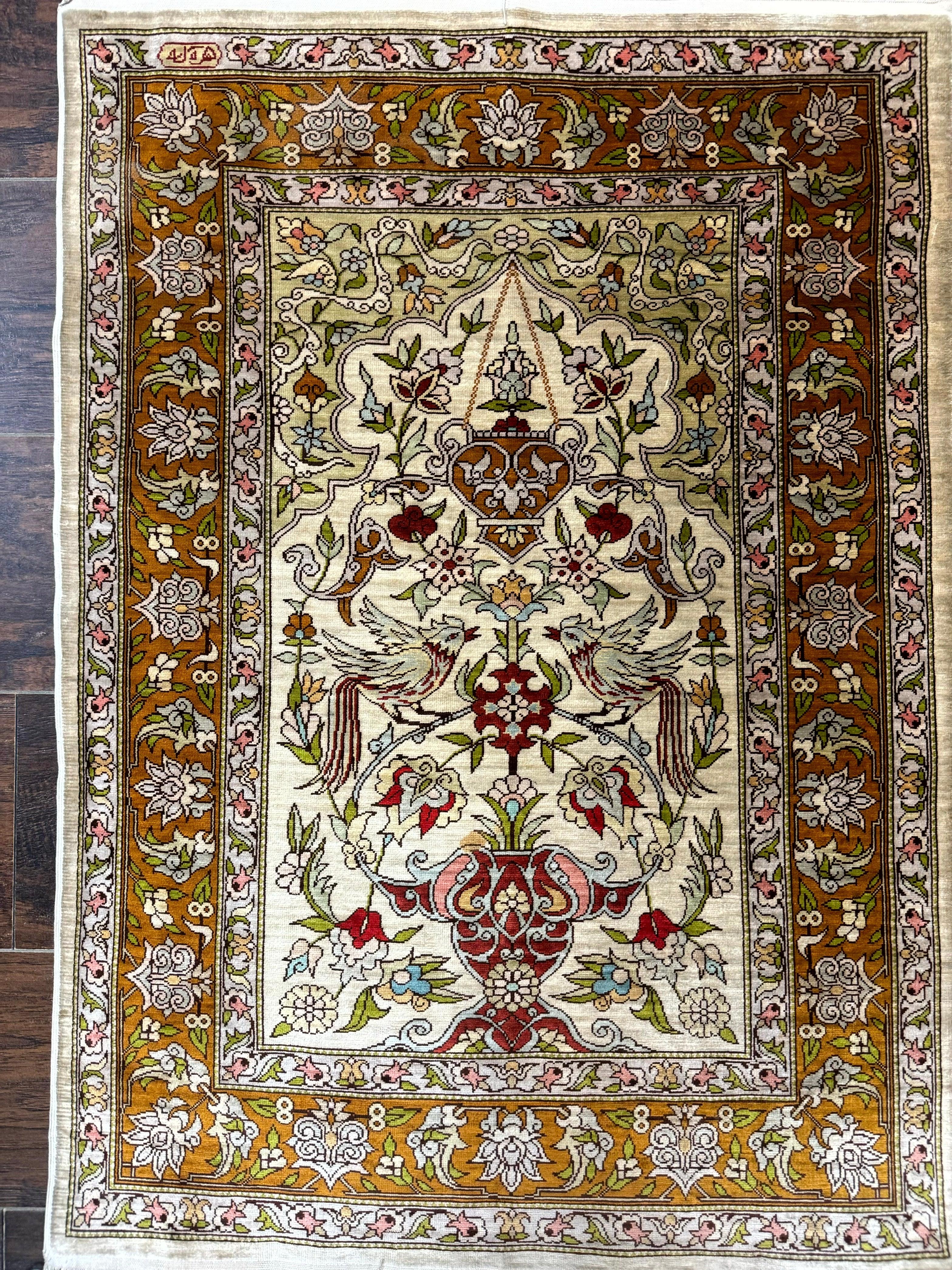 Silk Turkish Hereke Rug 2x3, Birds Lantern Very Fine 400 KPSI, Signed by Masterweaver, Wonderful, Rare, Small Hereke Rug - Jewel Rugs