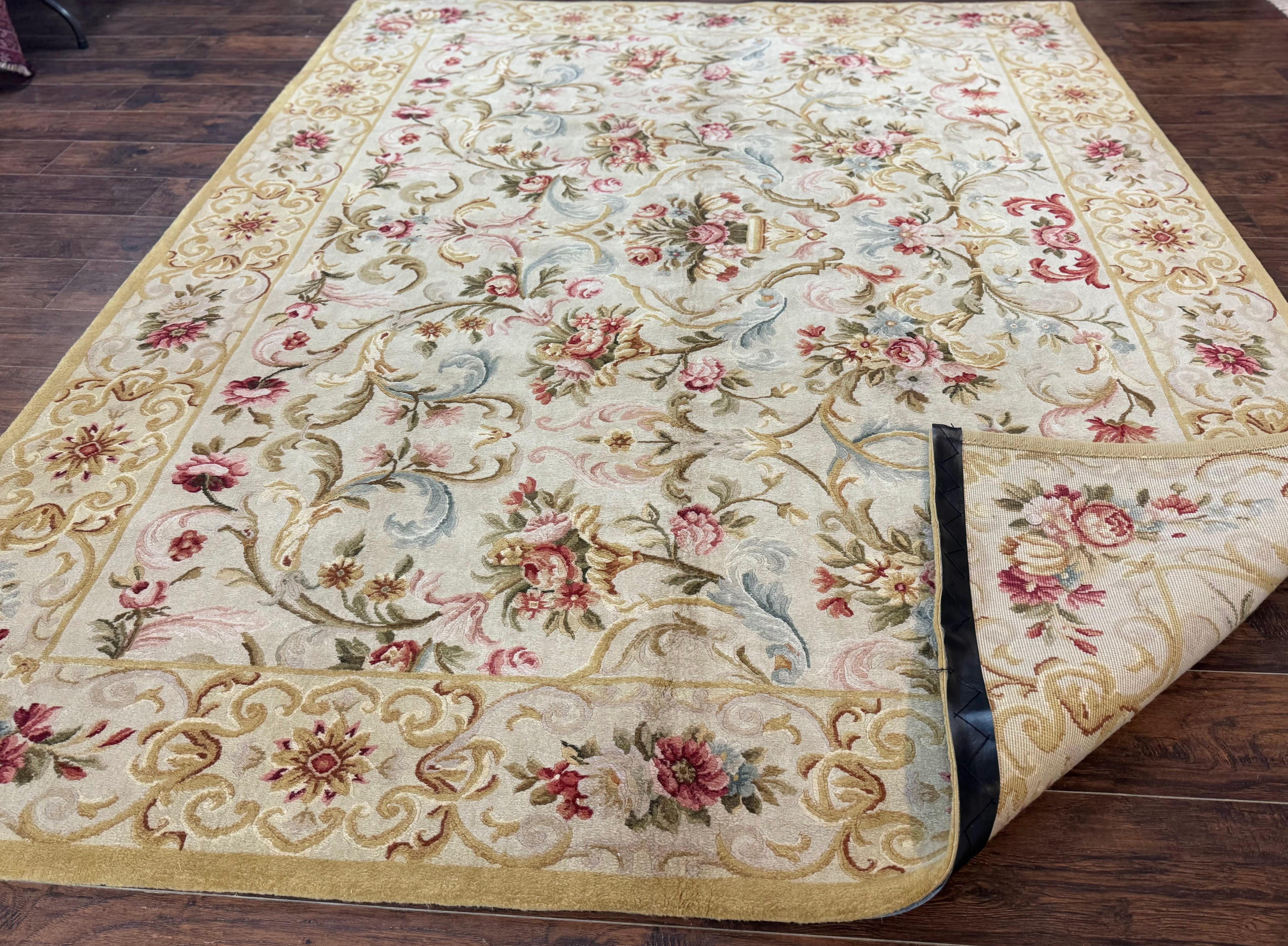 Aubusson Rug 8x10, French European Design, Vintage Handmade Wool Carpet, Aubusson Rug with Pile, Floral - Jewel Rugs