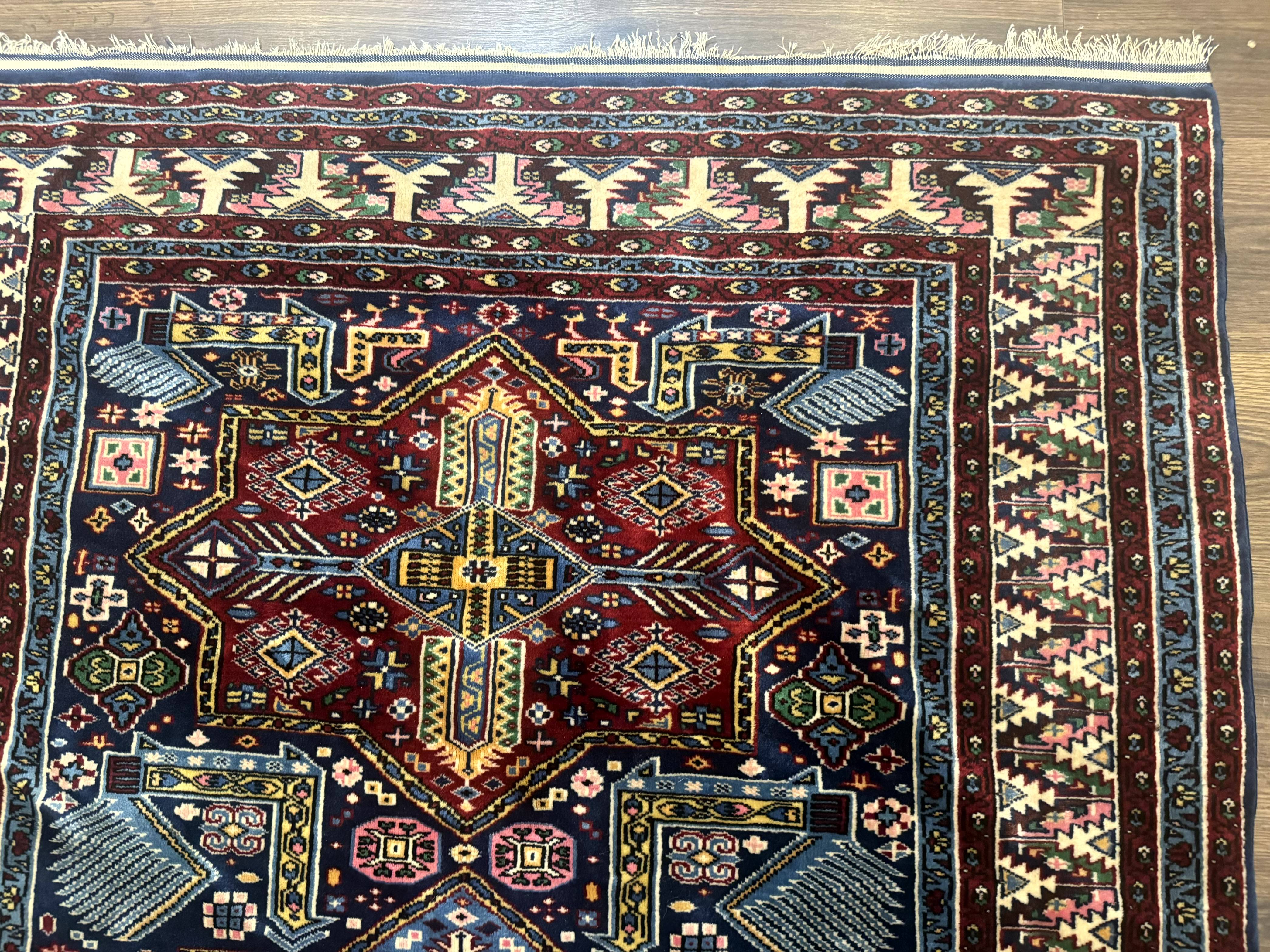 Indian Rug with Caucasian Design, 4x6 Geometric Carpet, Navy Blue and Cream - Jewel Rugs