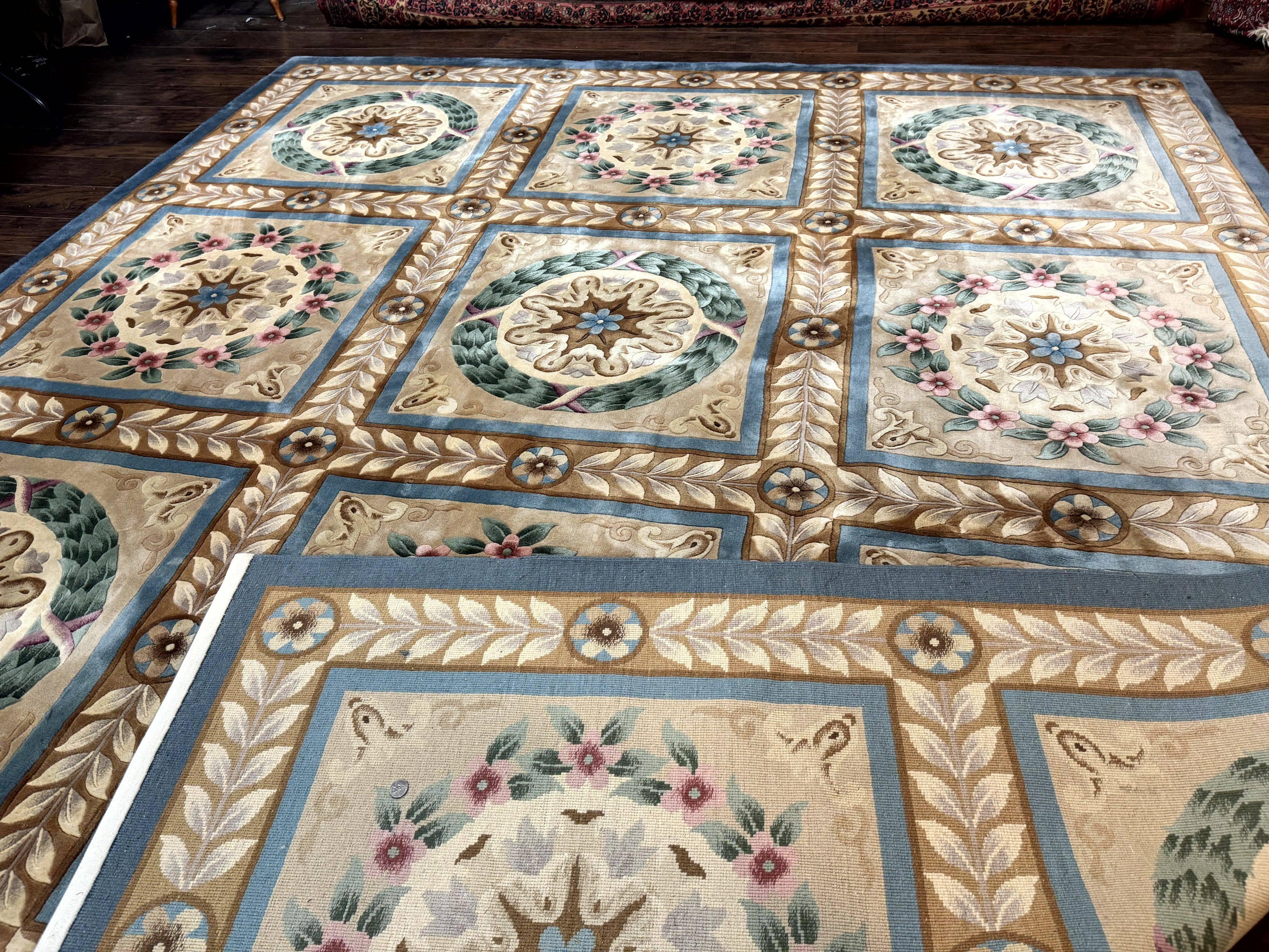 Chinese Aubusson Wool Rug 10x13, European Panel Design, Elegant Carpet, Vintage Handmade Plush Wool Pile Carpet, 90 Line Rug, Tan - Jewel Rugs