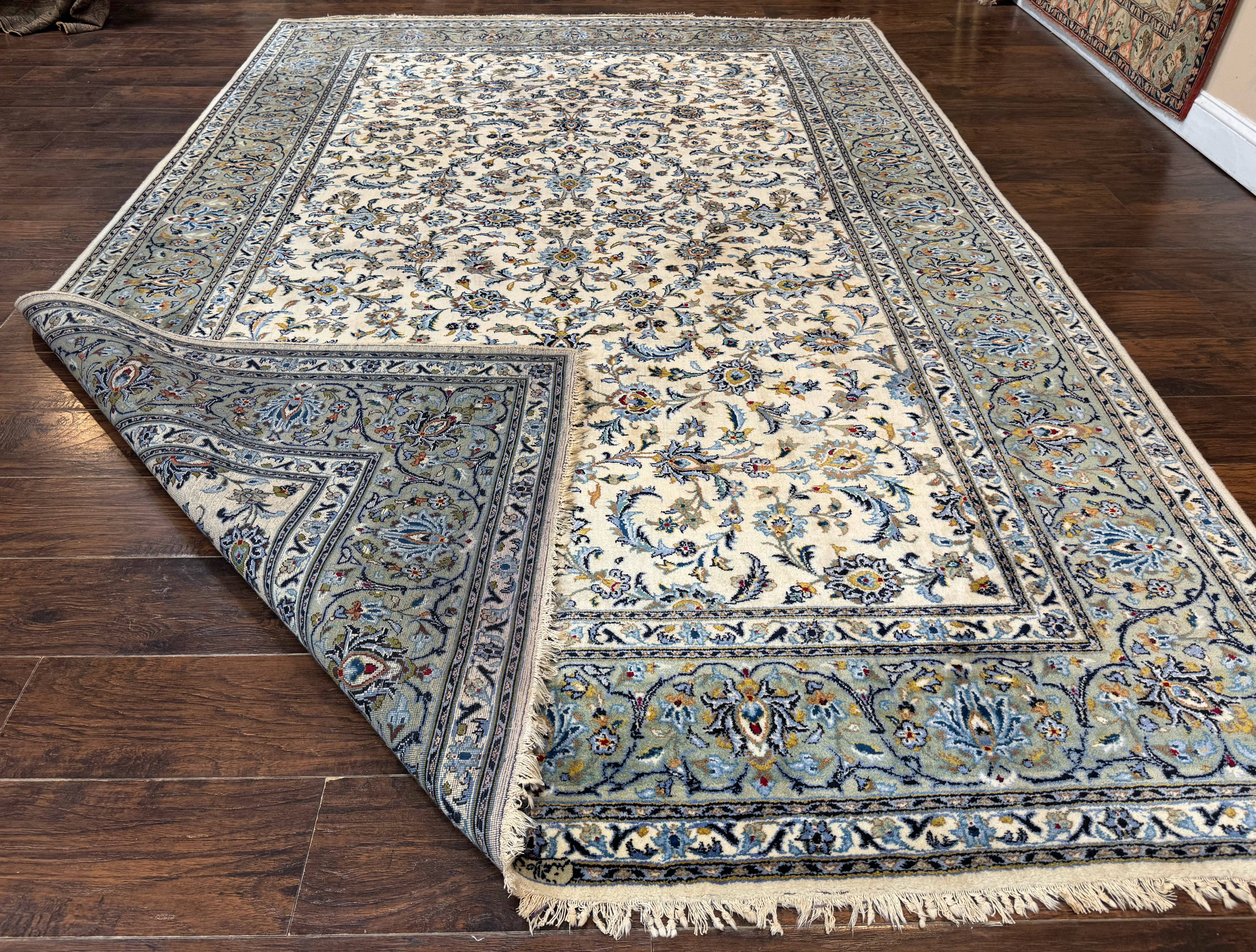 Persian Kashan Rug 8x11, Ivory Blue Green, Floral Allover, Signed By Masterweaver - Jewel Rugs