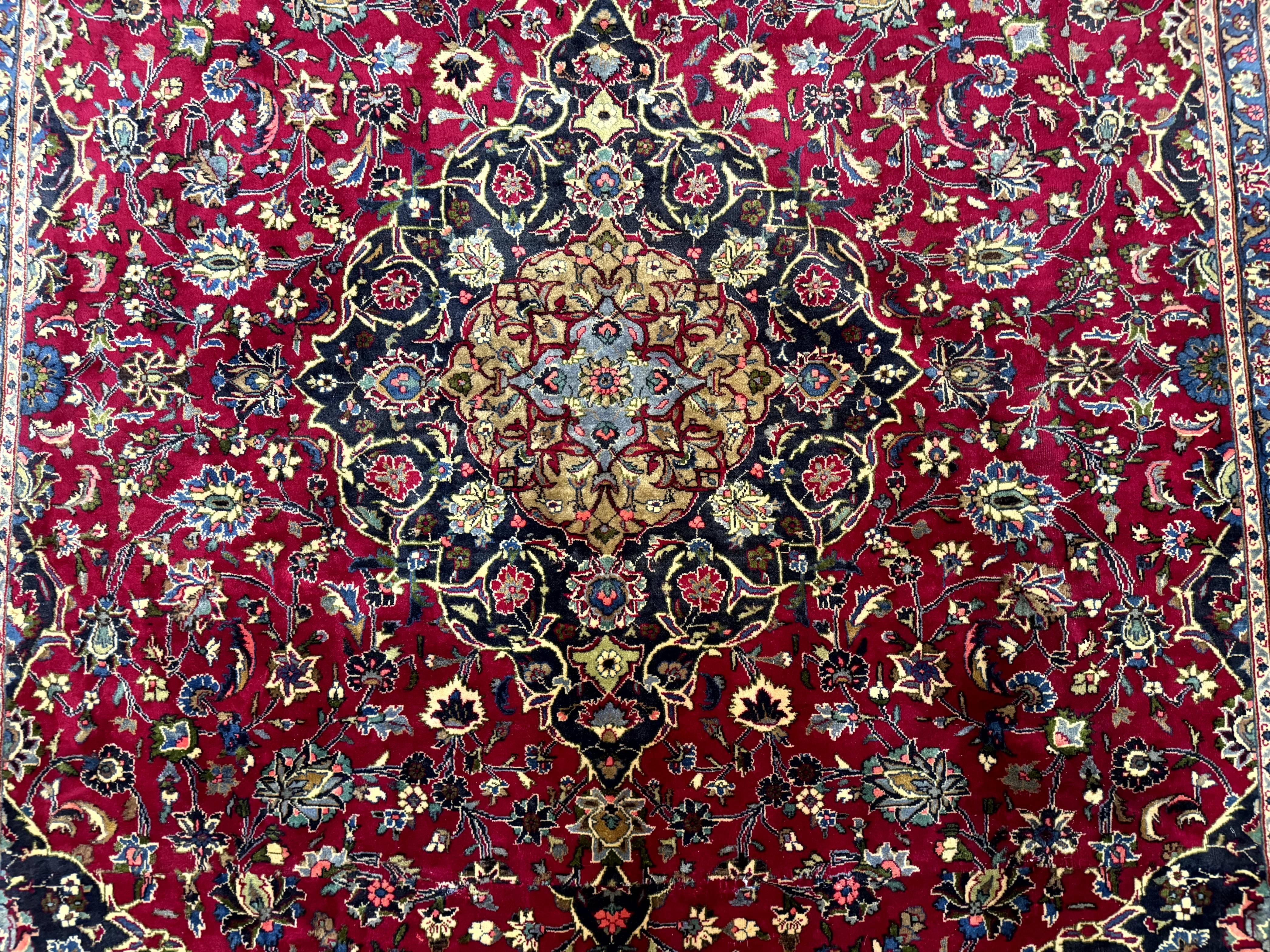 Traditional Persian Rug 8x11, Red Navy Blue, Floral Medallion, Antique Persian Mashad Carpet, Wool - Jewel Rugs