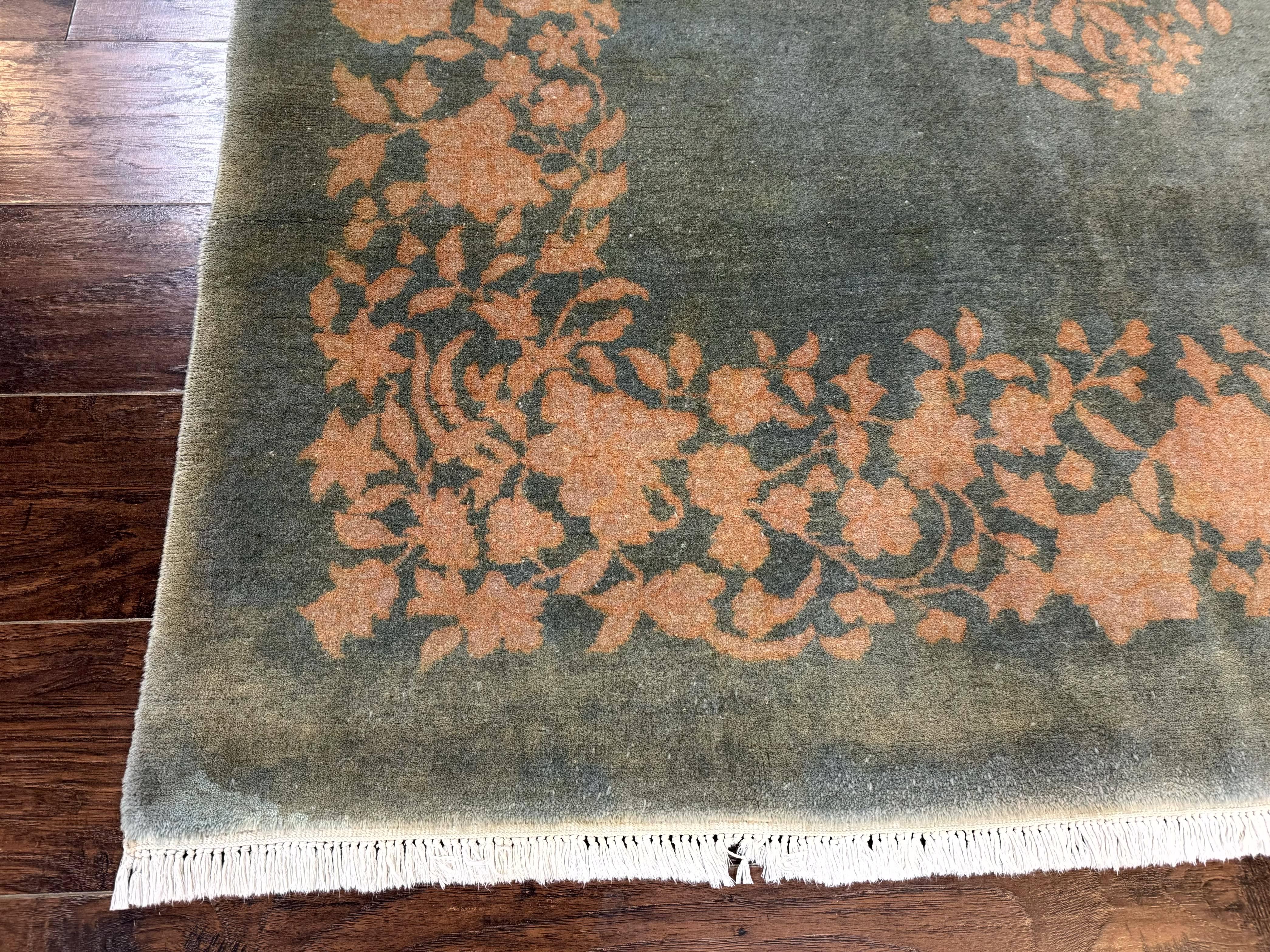 Teal Chinese Wool Rug 6x8, Vintage Handmade Carpet, Floral, Semi Open Field - Jewel Rugs