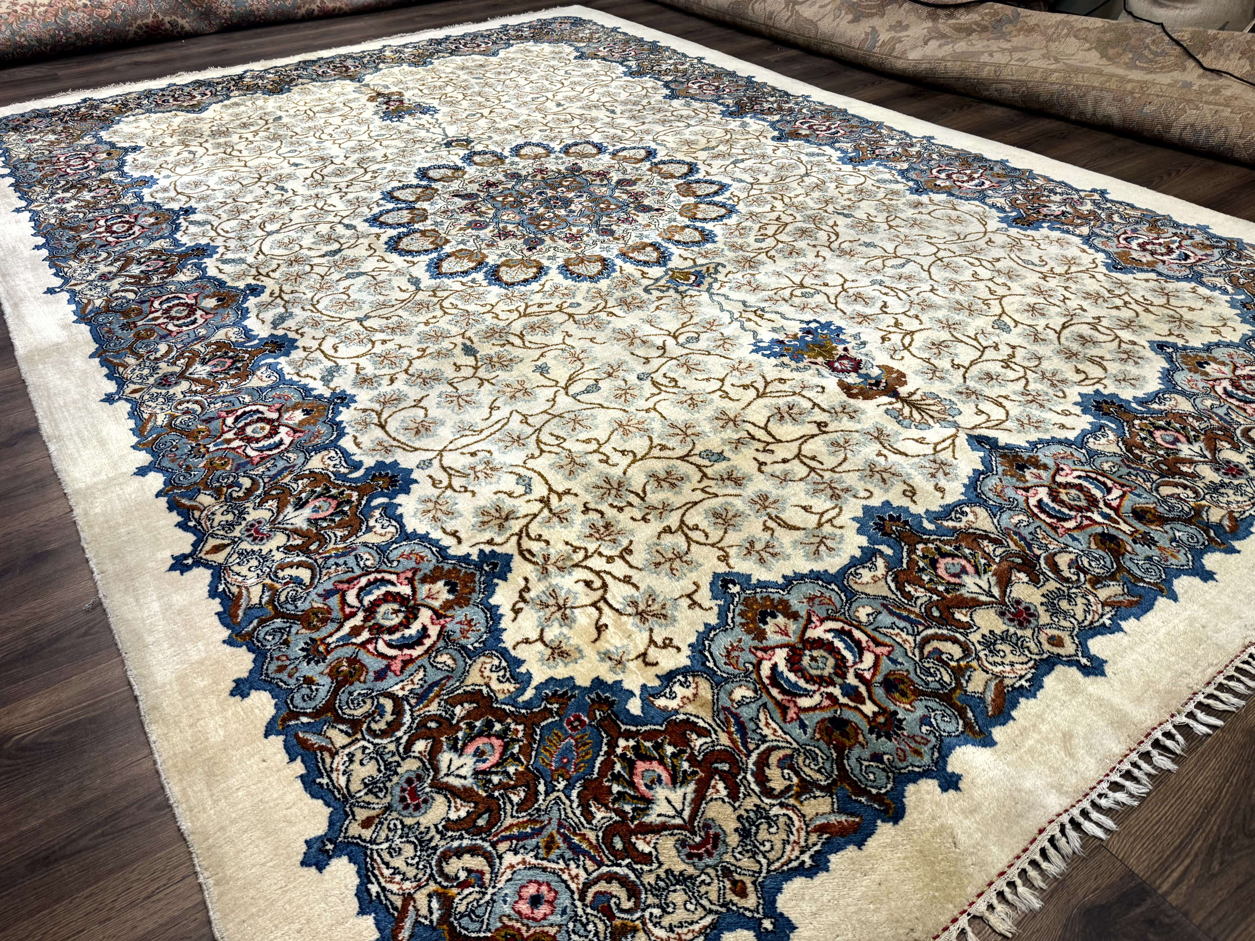 Persian Kashan Rug 9 x 12.6, Ivory and Blue, Floral Medallion, Wool Hand Knotted Semi Antique Carpet - Jewel Rugs