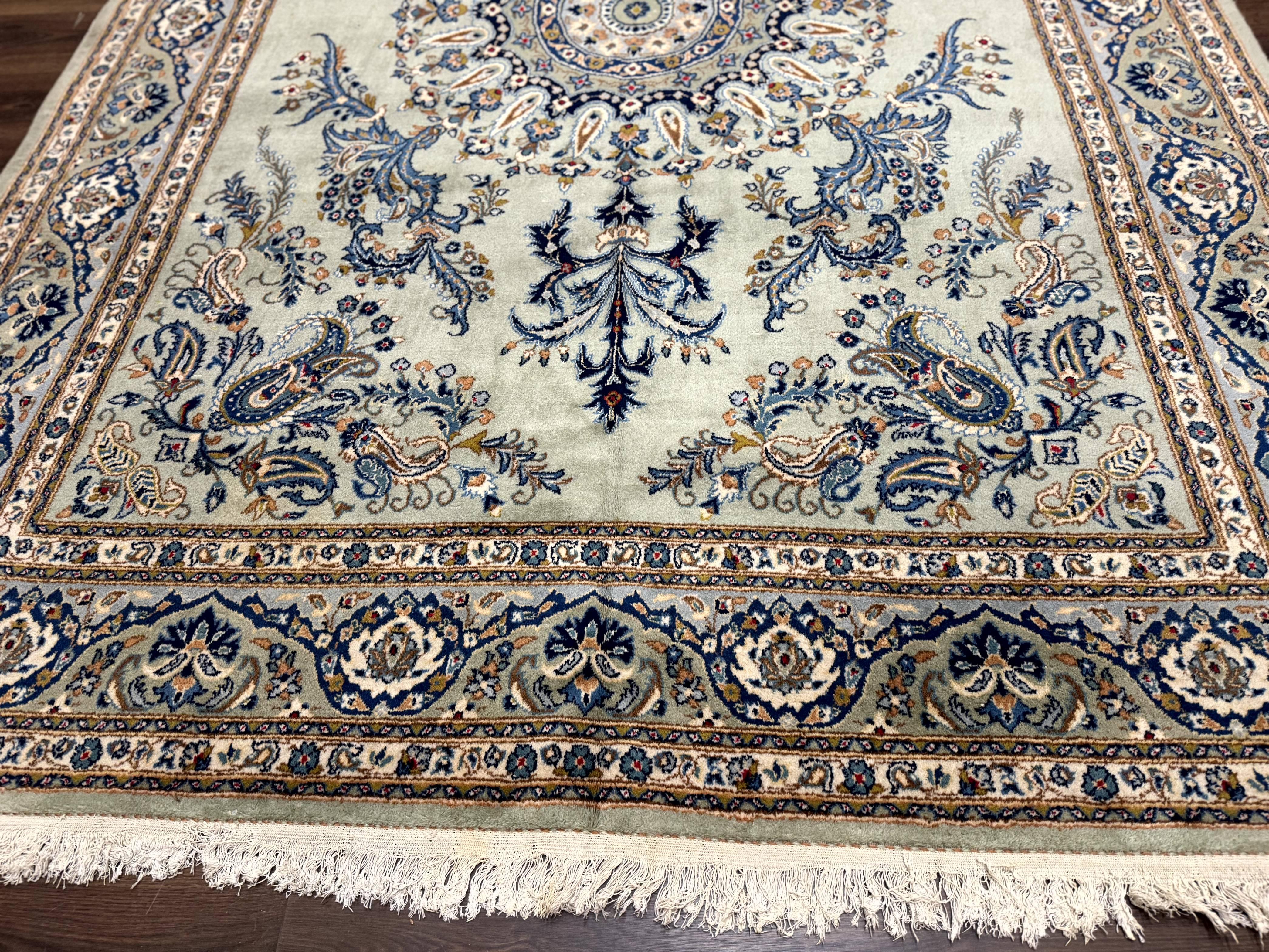Light Green and Blue Persian Kashan Rug 7x10, Authentic Persian Carpet, Handmade, Wool - Jewel Rugs