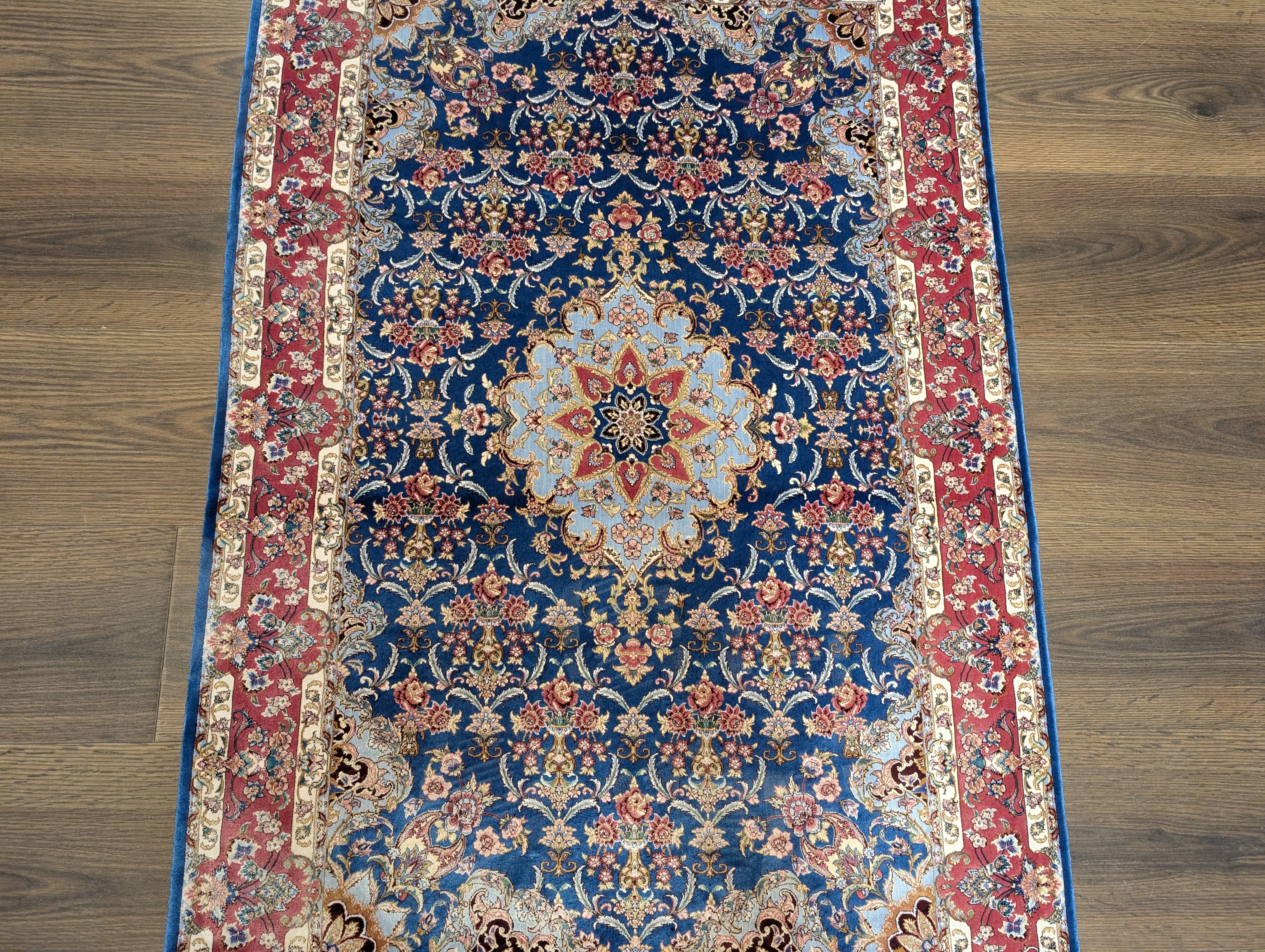 Navy Blue Silk Rug 2.5 x 4, Fine, Detailed, Turkish Silk Rug, Bamboo Silk, New - Jewel Rugs