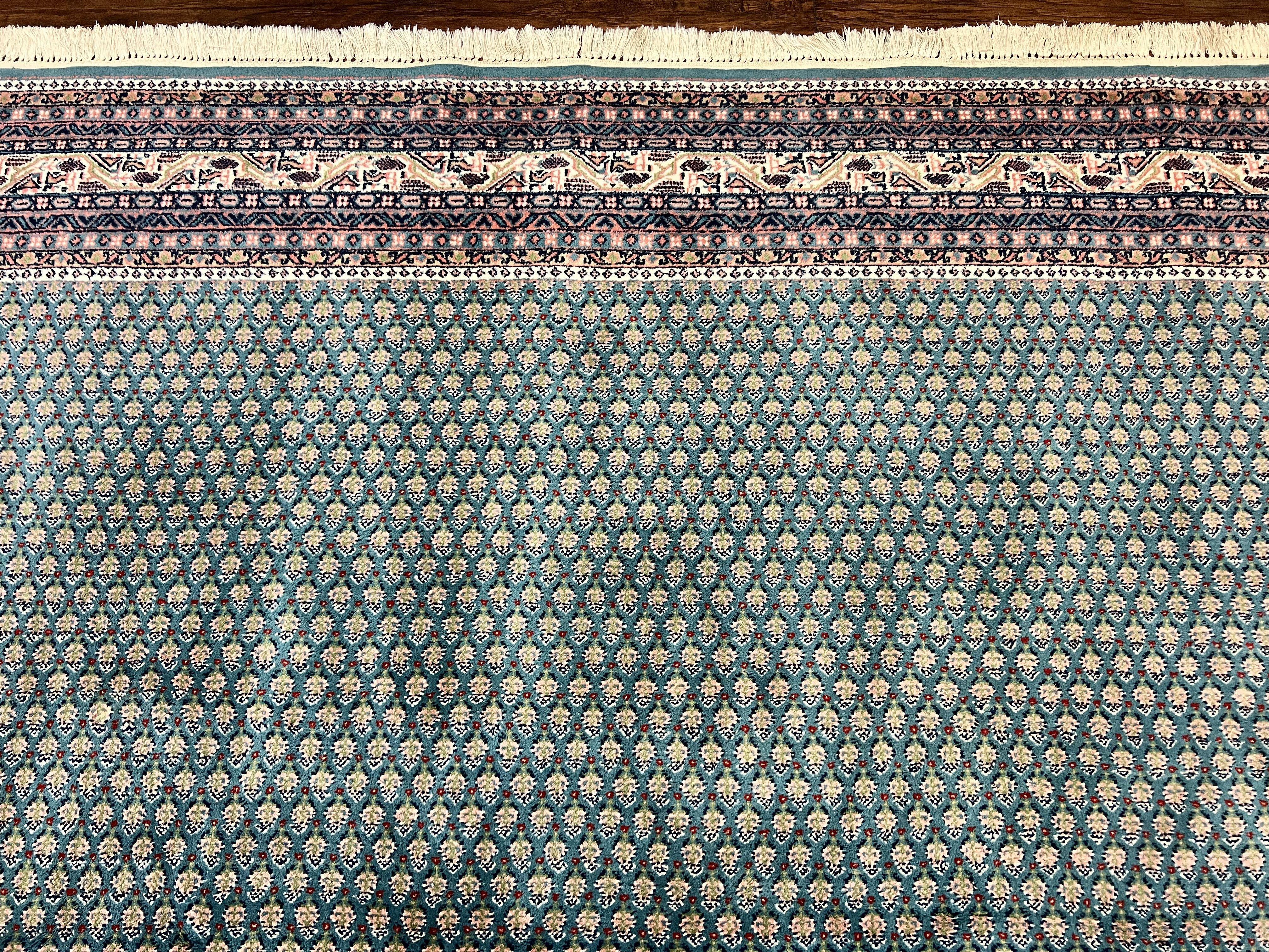 Indo Persian Sarouk Mir Rug 9x12, Green and Cream/Beige, Repeated Boteh Paisley Design, Soft Wool Handmade Hand Knotted Indian Oriental Rug - Jewel Rugs