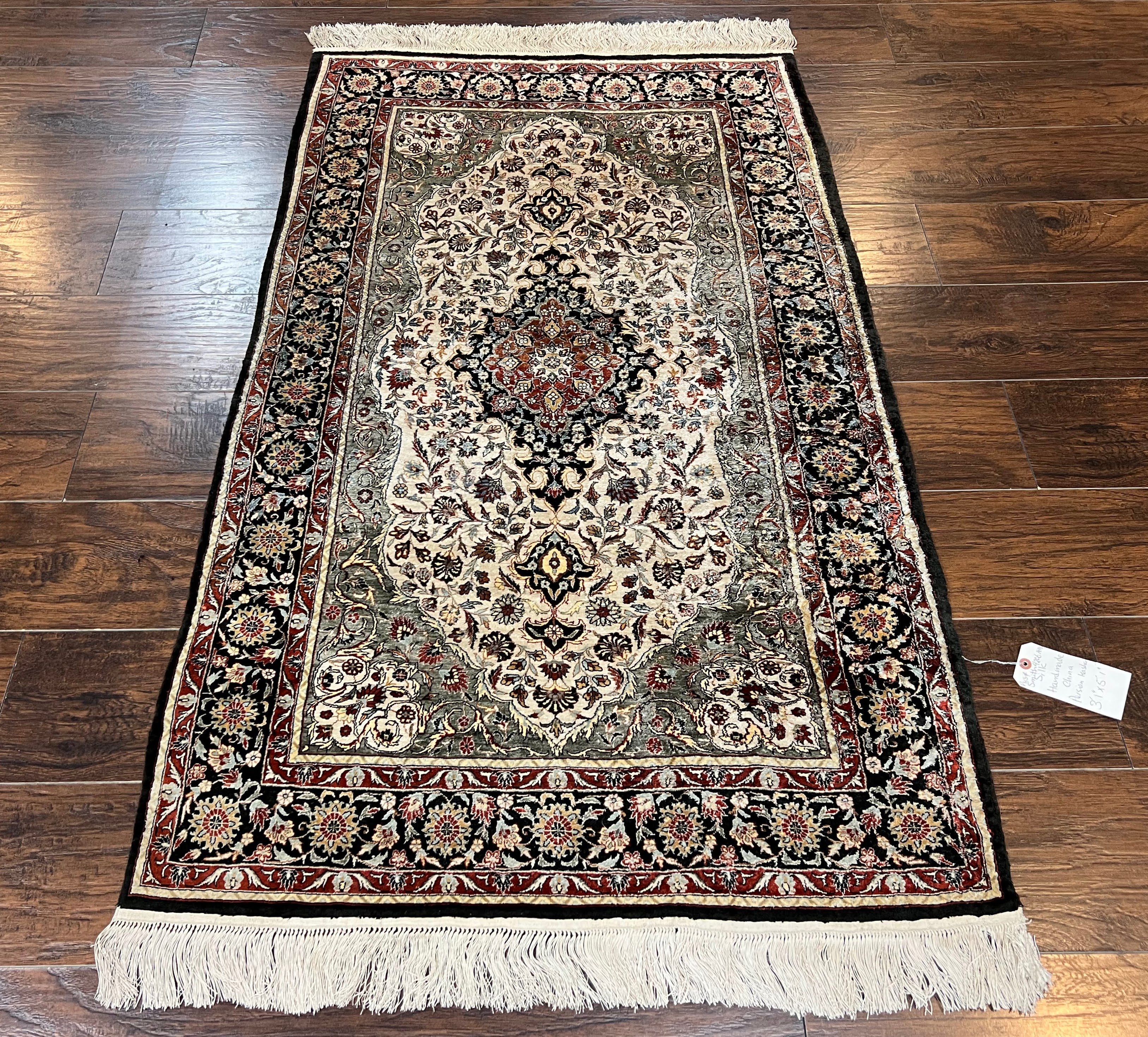 Silk Sino Persian Rug 3x5, Floral Medallion, Hand Knotted Silk Pile Silk Foundation, Traditional Silk Handmade Oriental Carpet, Cream Black - Jewel Rugs