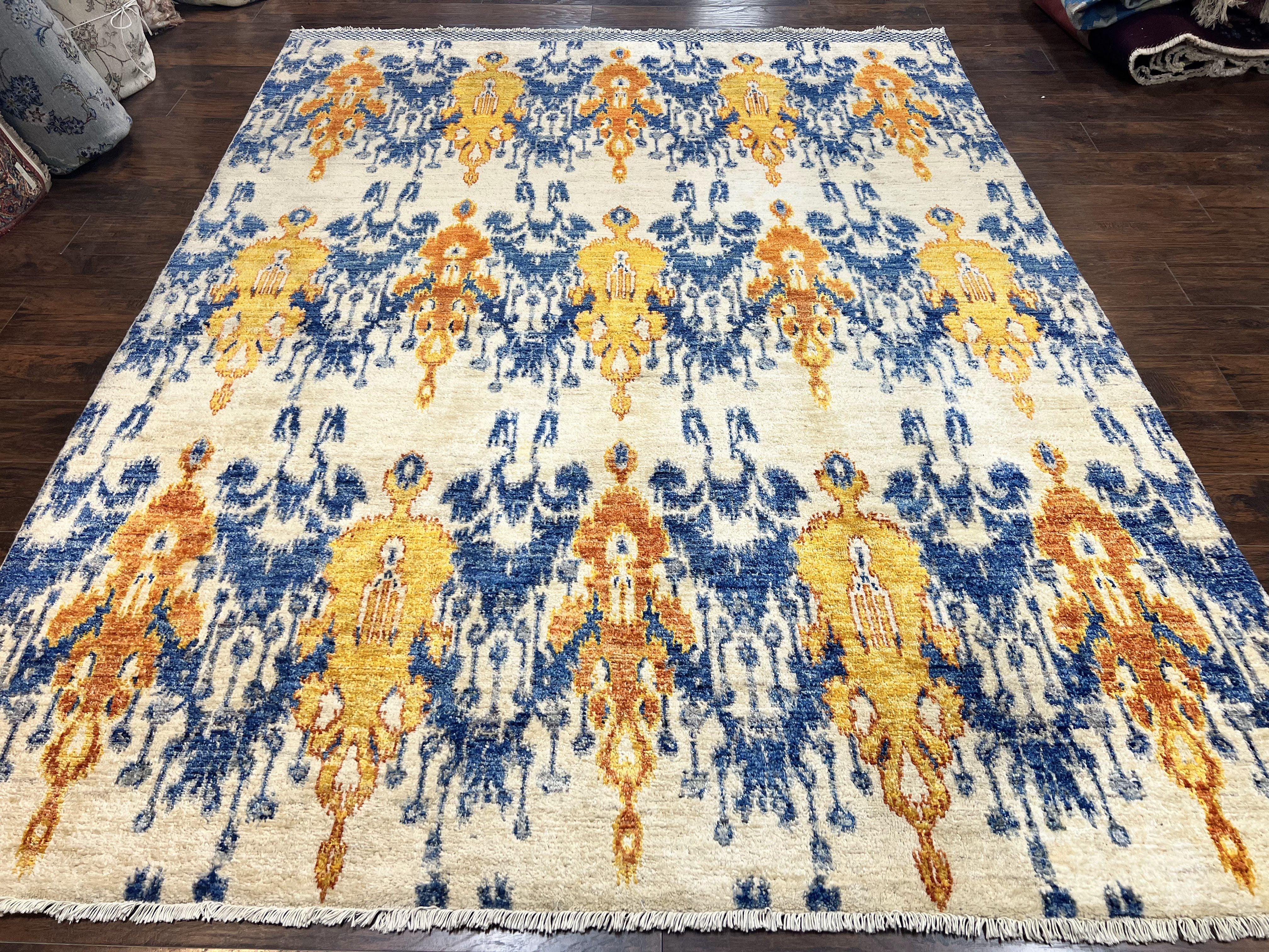 Modern Handmade Wool Rug 8x10, Oatmeat Orange Blue - Jewel Rugs