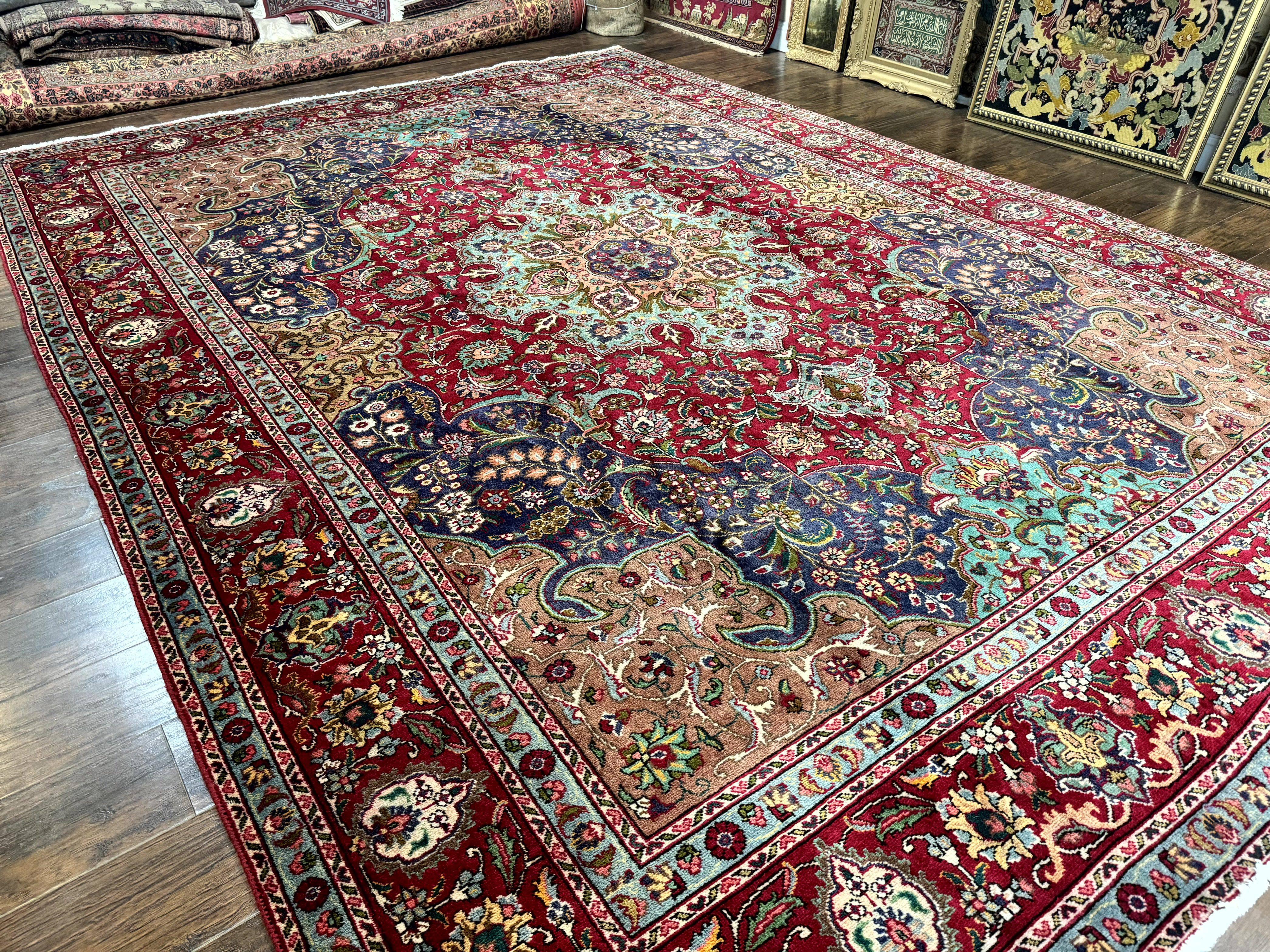 Wonderful Persian Tabriz Rug 10x14, Antique Persian Carpet, Handmade Wool Rug, Floral Medallion, Red Navy Blue, Colorful, Large Persian Area Rug - Jewel Rugs