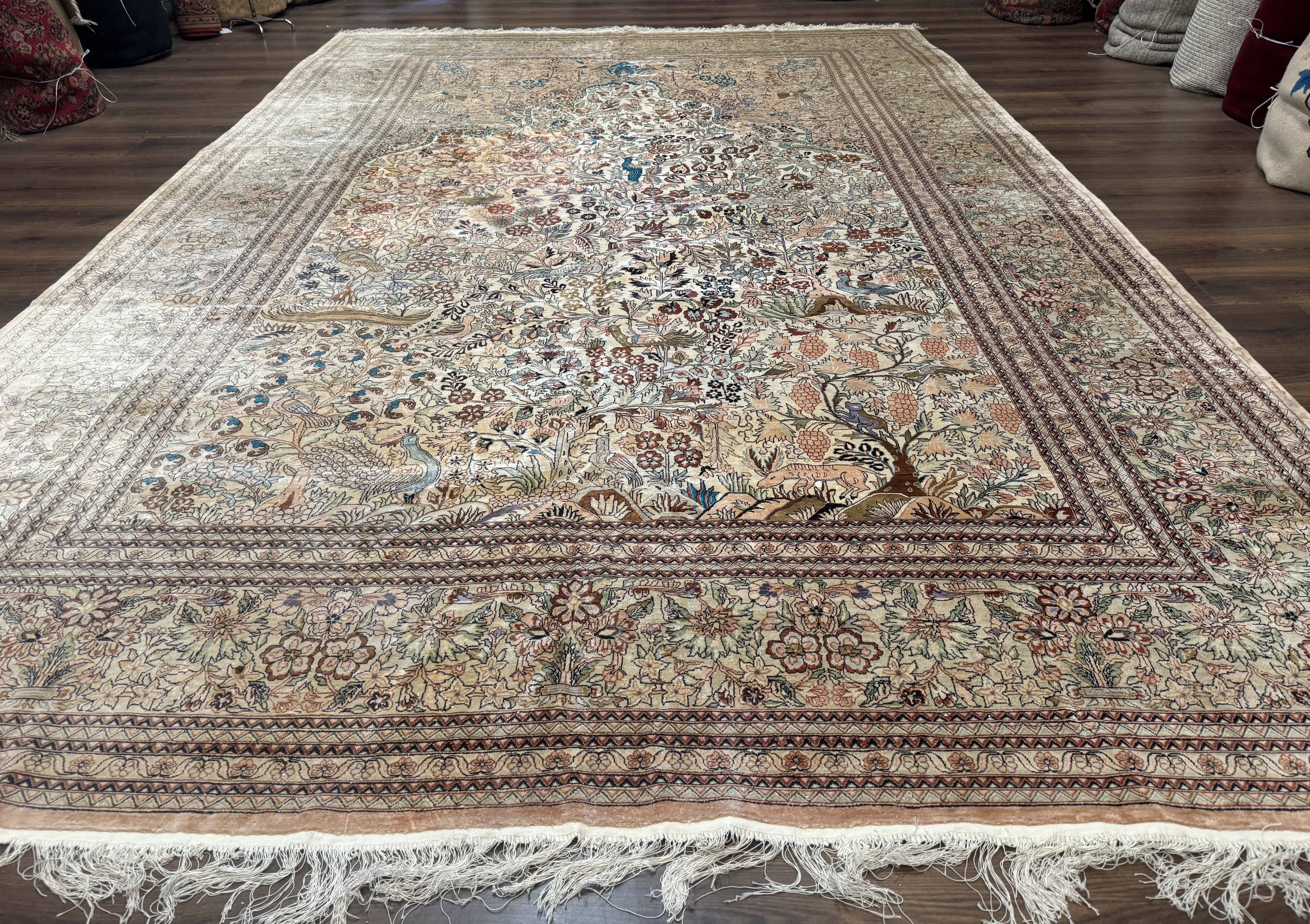 Indian Kashmiri Rug 9x14 Tree of Life Silk on Silk Animal Pictorials - Jewel Rugs