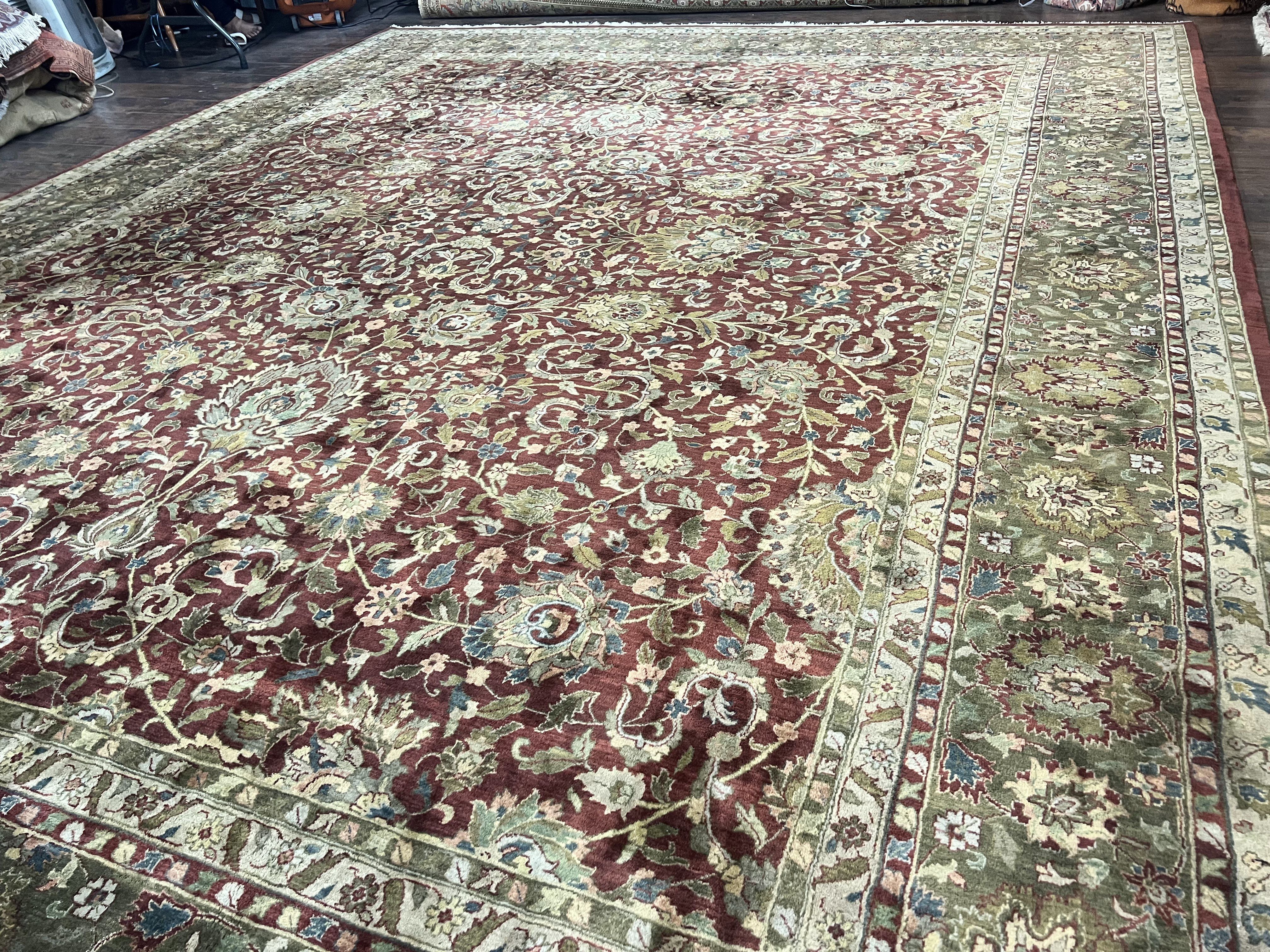 Indian Agra Rug 12x15, Oversized Extra Large Wool Hand Knotted Vintage Oriental Carpet, Burgundy & Olive Green, Floral Allover Rug 12 x 15 - Jewel Rugs