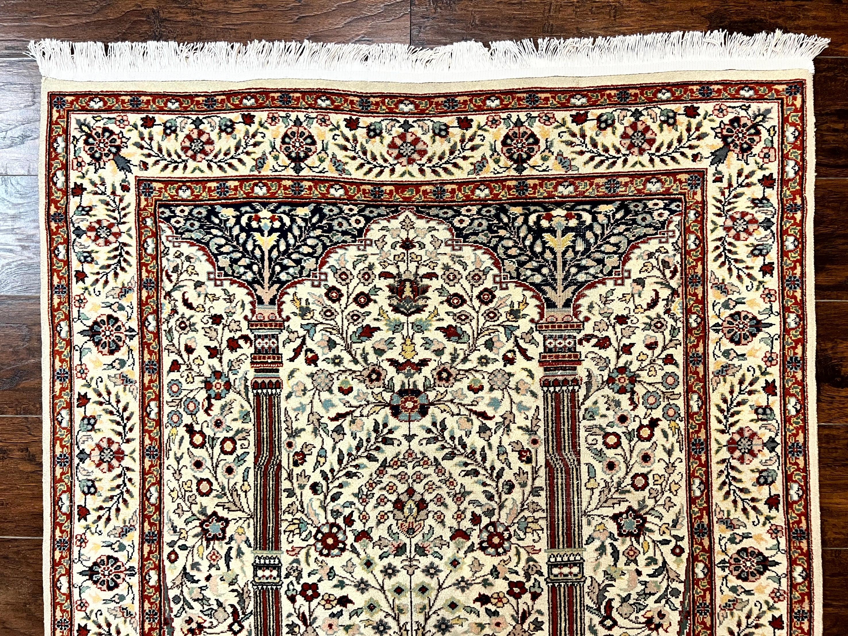 Pak Perisan Prayer Rug 4x6, Tree of LIfe Carpet, Handmade Vintage Wool Rug, Beige, Floral Vases - Jewel Rugs