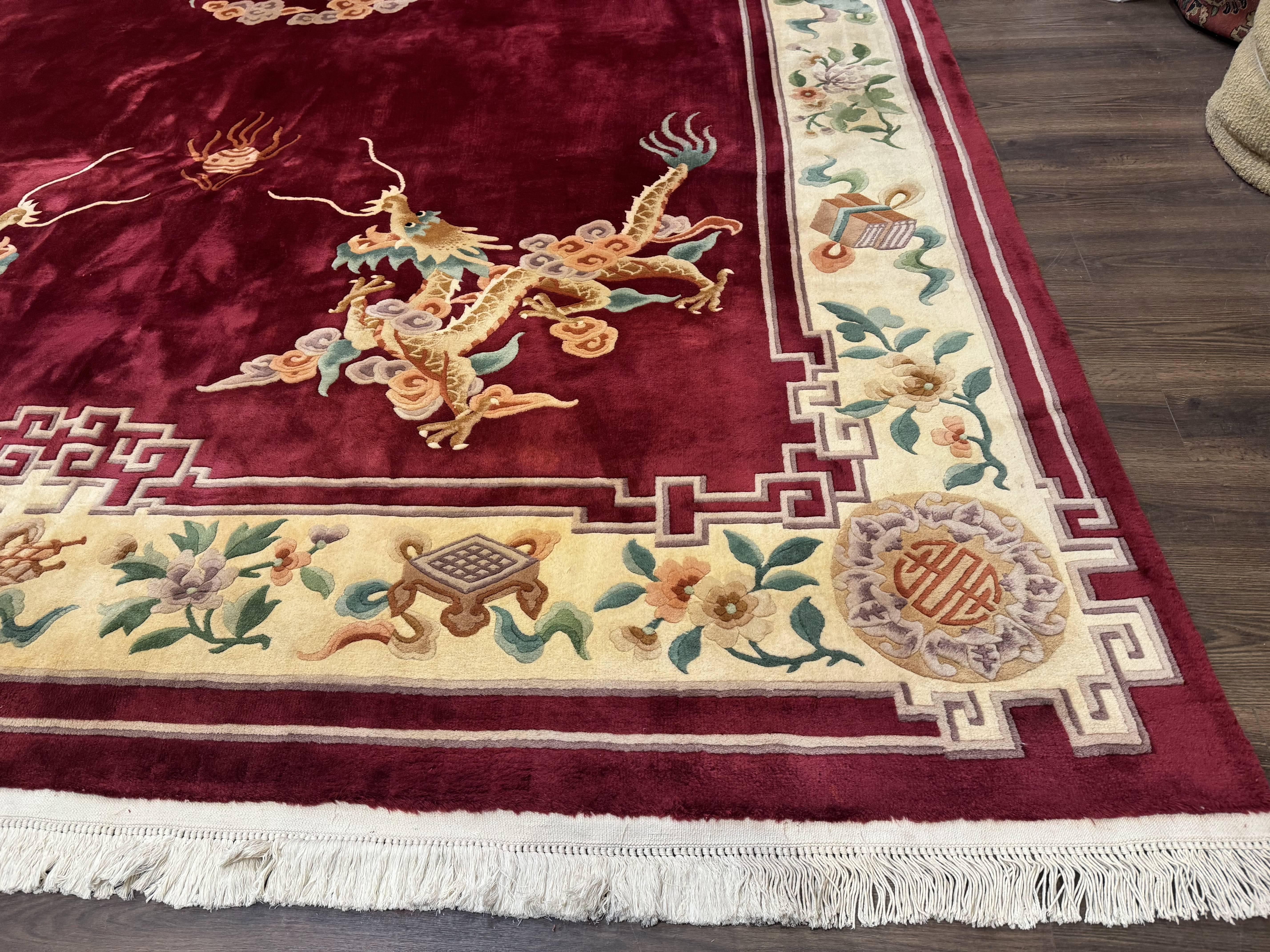 Large Chinese Wool Rug with Dragons 11x18, Palace Size Vintage Handmade Art Deco Carpet, Red and Cream - Jewel Rugs
