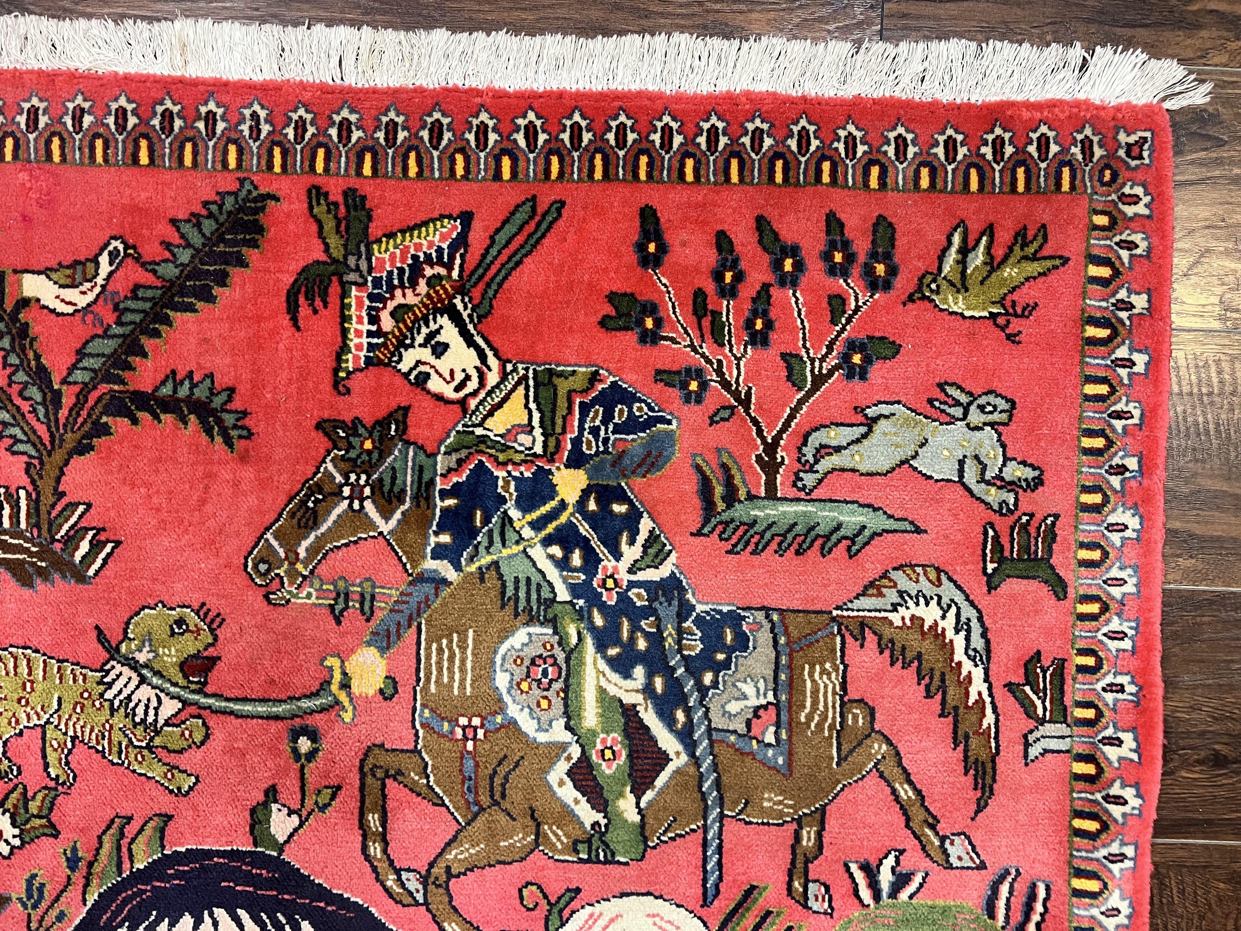 Persian Kashan Hunting Rug 4x3, Wool Hand-Knotted Vintage Carpet, Semi Antique Pictoral Rug, Red, Horsemen Lion Animal Pictorials - Jewel Rugs