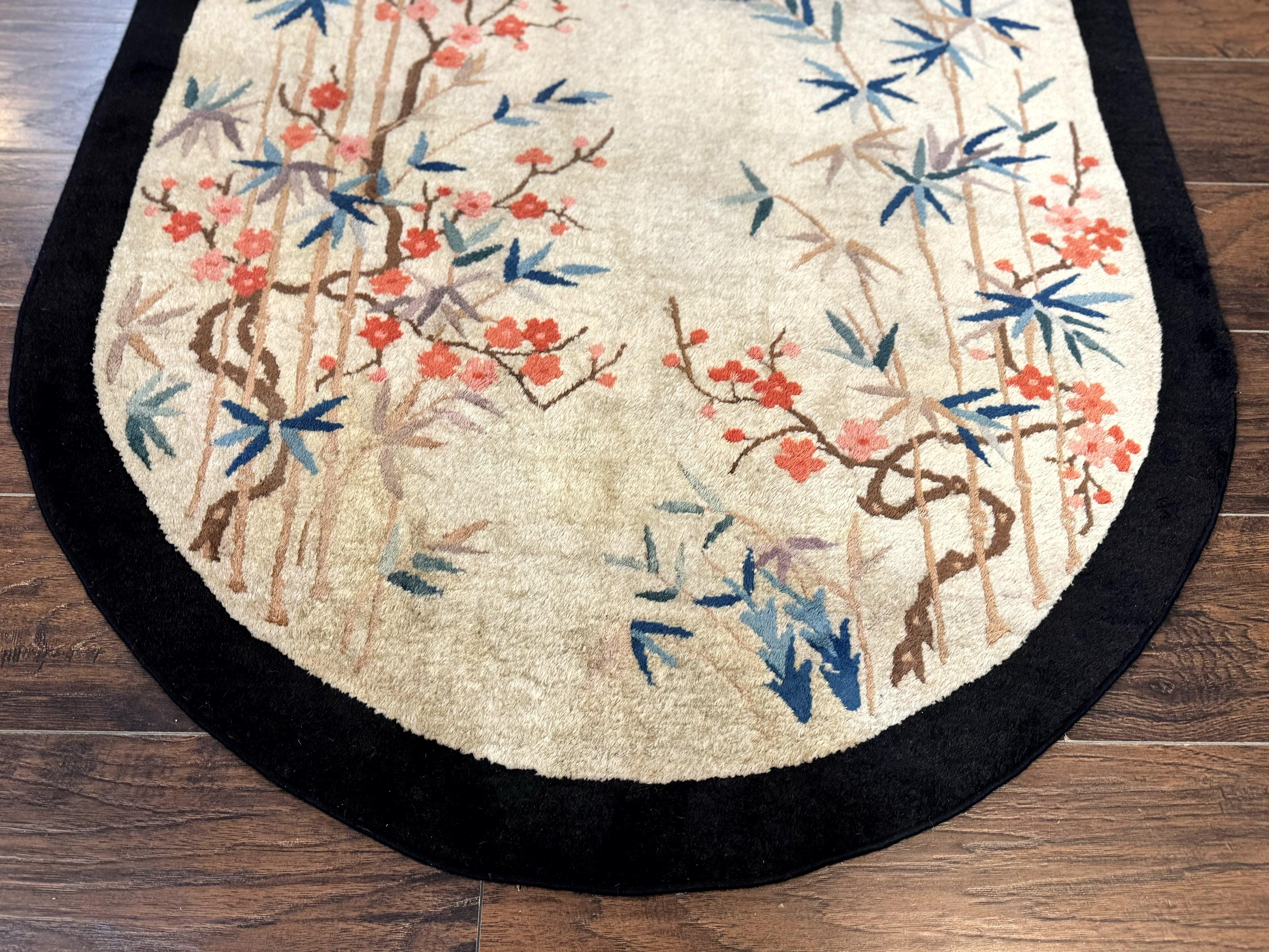 Antique Chinese Oval Rug 3.9 x 6.7, Floral, Butterflies, Chinese Wool Art Deco Peking Carpet, Beige, Handmade - Jewel Rugs